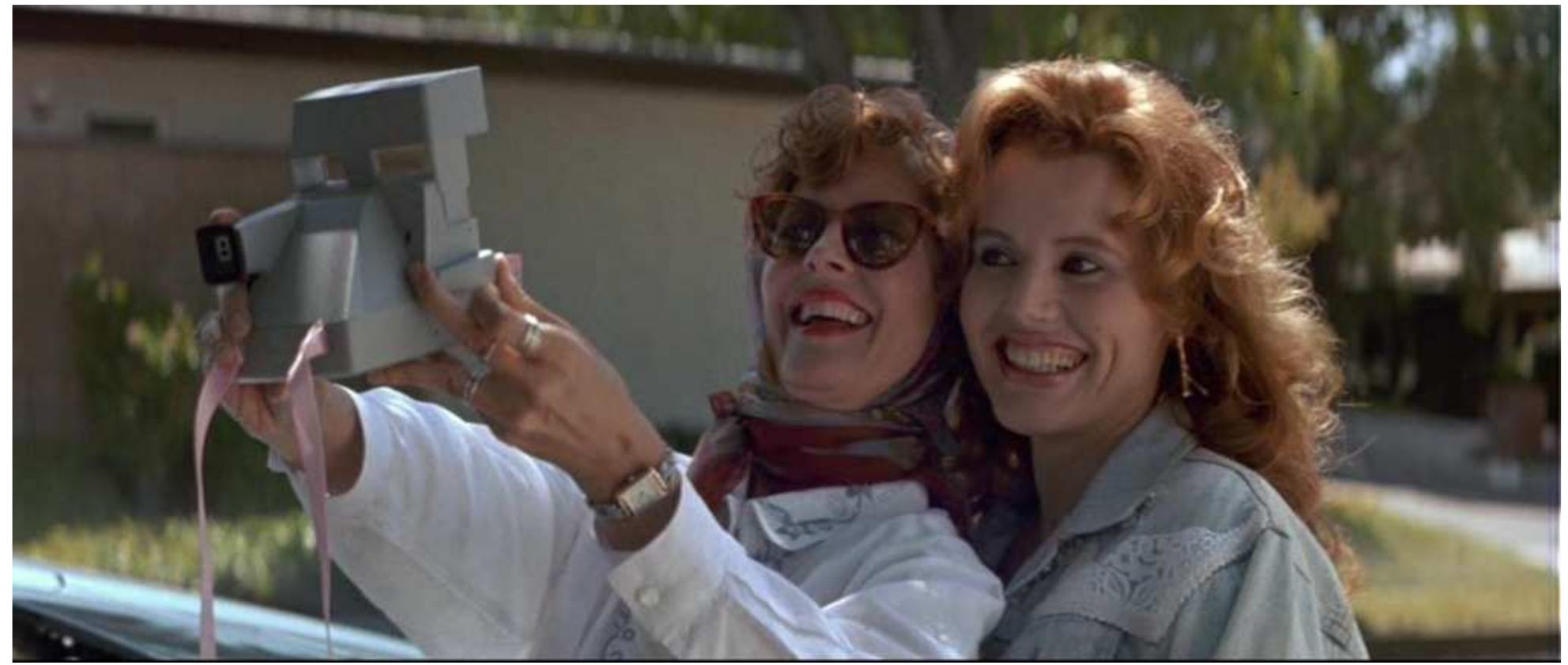 These indications immediately isolate this image from the classic self-portrait, traditionally reserved for representing a single individual, and from its narcissism. As through the presence of the protagonists of the action, the genre is defined by the self-production of the image, as well as by it’s highly situated dimension. What Thelma and Louise immortalize is the portrait of 2 moment and an experience, the beginning of the trip which reunites them, in a photograph that bears their visual signature, both through their presence in the picture and by its self-made nature A final shot shows the polaroid blowing away in the wind just before the two women’s cat  plunges into the ravine. 