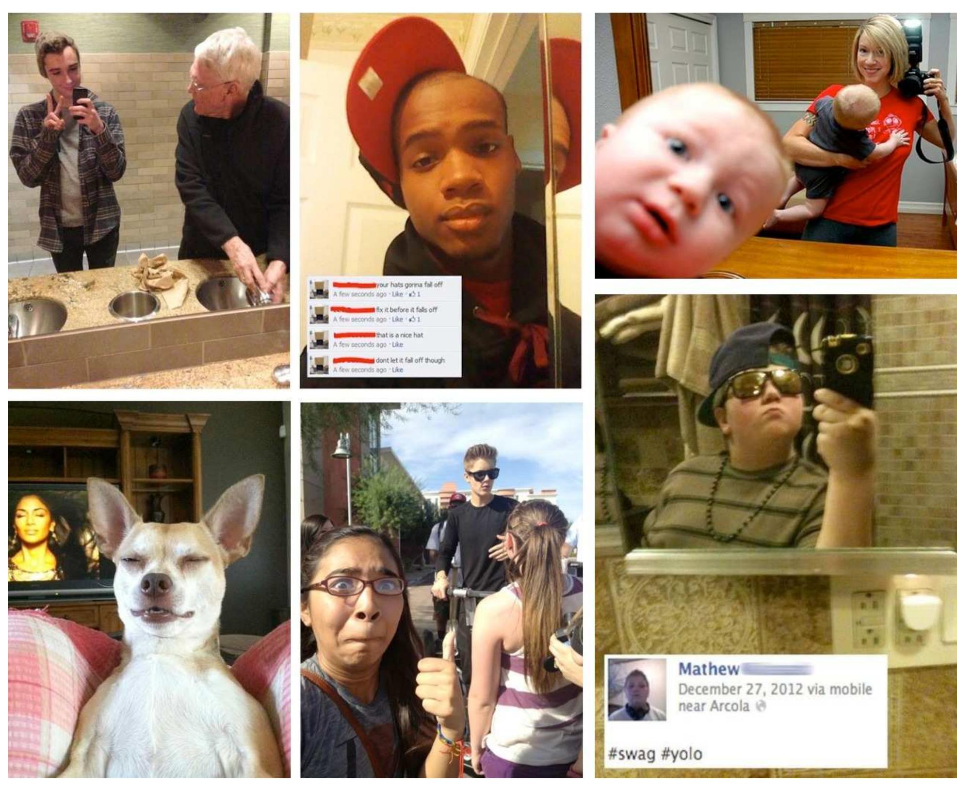 6. Selection of selfies, Buzzfeed, 2013.  The visibility of the selfie on social media must not obscure the fact that its autonomy makes it |. favored tool for private communication. Erotic auto-photography, even though as old as the ecording media, are especially difficult to observe and document due to the slander associated vith pornographic images*. However, accidents such as the hack of celebrity nude photos, about everal thousand images which briefly circulated on 4Chan, Imgur or Reddit between August and  Ictober 2014, partially unveil these inaccessible sources’. 
