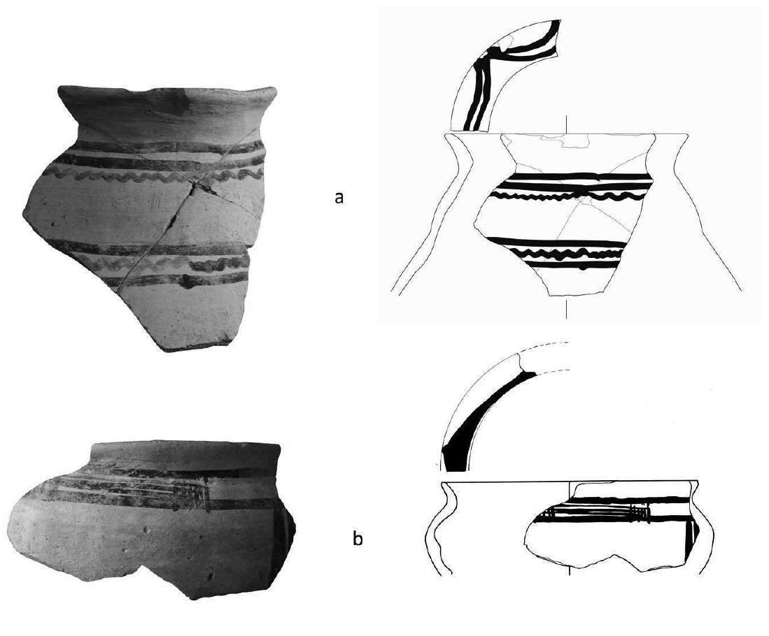 Fig. 4: a: Biconical jar decorated in the Undulating Band Style; b: Kantharos decorated in the Fringe Style.  Fig. 3: Oinotrian-Euboean vessel from the summit of Timpone della Motta. 