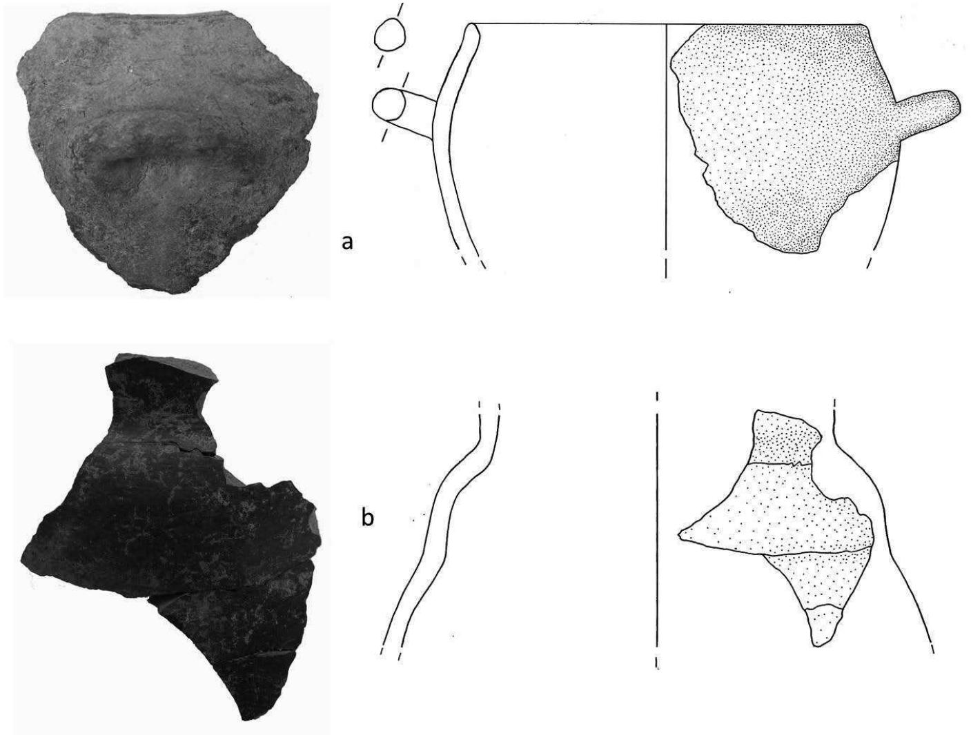 Fig. 6: a: Skyphos in impasto; b: Biconical jar in Grey Ware.  Fig. 5: a: One handled cup in Fine Impasto; One-handled cup in Coarse Impasto. 
