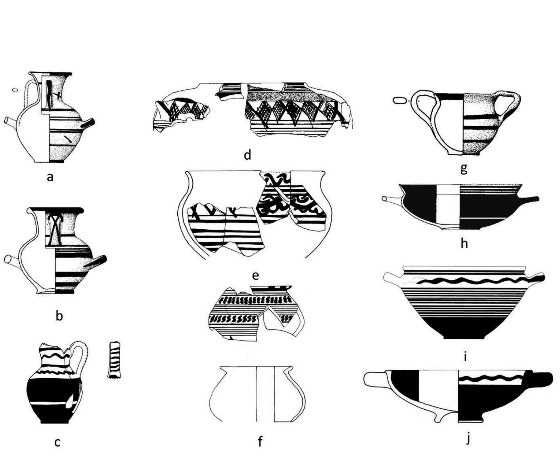 Fig. 8: selection of probably locally manufactured vessel from the summit of Timpone della Motta.  Jan Kindberg Jacobsen, Carmelo Colelli, Gloria Mittica, Soren Handberg 