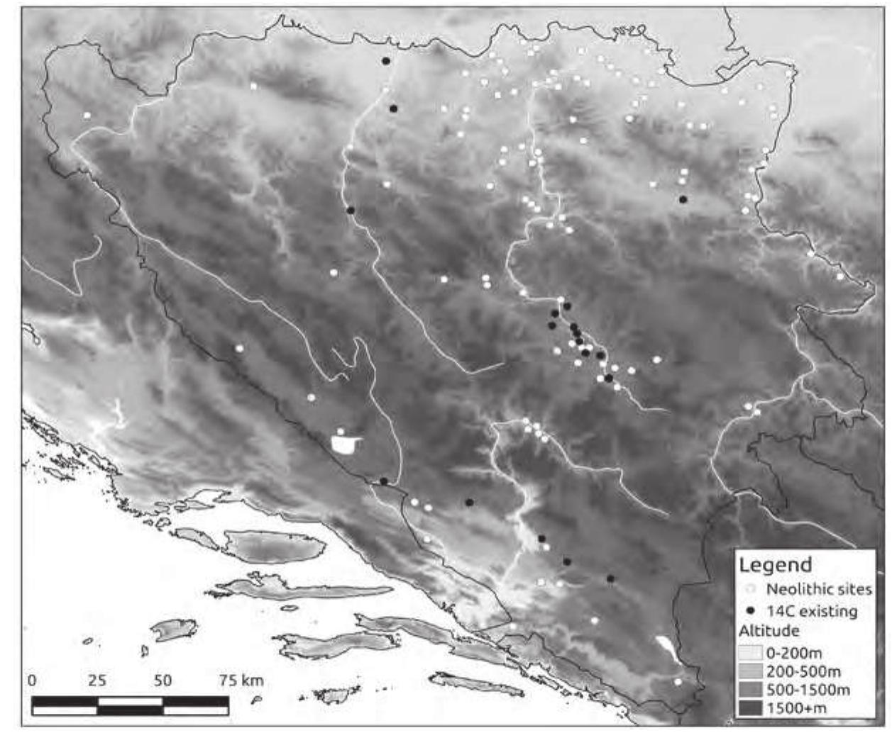 Slika 1: Distribucija neolitskih lo- kaliteta u Bosni i Hercegovini (pre- ma Pandzic, 2014.)  Figure 1: Distribution of Neolithic sites in Bosnia and Herzegovina (af- ter Pandzic, 2014.) 