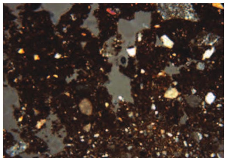 Figure 26: Photomicrograph of the modern, ploughed, topsoil composed of a vughy, strongly amorphous iron stained, micritic sandy clay loam, sample 1/3 (frame width = 4.5mm; plane polarized light) 