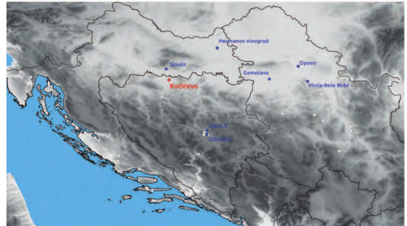 Slika 30: Mapa prikazuje lokalitet Kociéevo u odnosu na ostale kasno neolitske lokacije u Bosni i Herce- govini, Hrvatskoj i Srbiji, koje imaju dostupne faunalne podatke. Lokacije pnpomenute u tekstu su oznacene.  Figure 30: Map showing Kocice- vo in relation to other late Neolith- ic sites in Bosnia and Herzegovina, Croatia, and Serbia with faunal data available. Sites mentioned in the text  are highlighted.  Figure 30: Map showing Kocice- vo in relation to other late Neolith- ic sites in Bosnia and Herzegovina, Croatia, and Serbia with faunal data available. Sites mentioned in the text  are highlighted.  The neolithic site of Kocéi¢evo @ Neolitski lokalitet Koci¢evo  