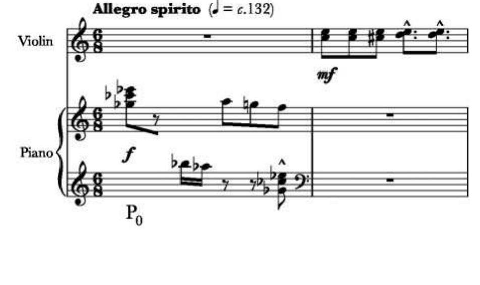 an interjection of the violin cadenza, which synthesizes the aforementioned tempera- ments. The second movement models dialectic synthesis in the interaction between the two performers, who play in rhythmic unison and harmonic imitation in its opening bars. The violin adds commentary to the repetitions of the theme in the piano for the remainder of the movement, projecting an almost chaconne-like character to the laby- rinthine melody. Eisler puts the turn towards the attaca last movement in relief with a transposition of the theme (R3) at the midpoint. The frantic tarantella—peppered with hemiolas—with which the work concludes tumbles towards the finish line, but not before a three-part fugue interrupts, squaring the metre and summoning academic composition before the climax: a violin cadenza (bb. 143 ff).  The traditional interplay between violin and piano is radically unsettled by four 