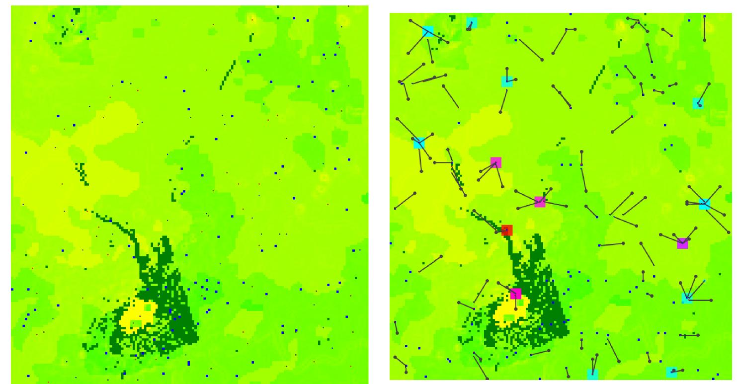 Fig. 3. Example of landscape visualization used in the HerdersAndFarmers model: (a) herders (small squares) dispersed throughout the landscape at initialization; (b) onset of conflicts (circled larger squares) due to some encounters among herders that compete for resources.  Information Systems and Agent-Based Simulations for Sustainable Development 