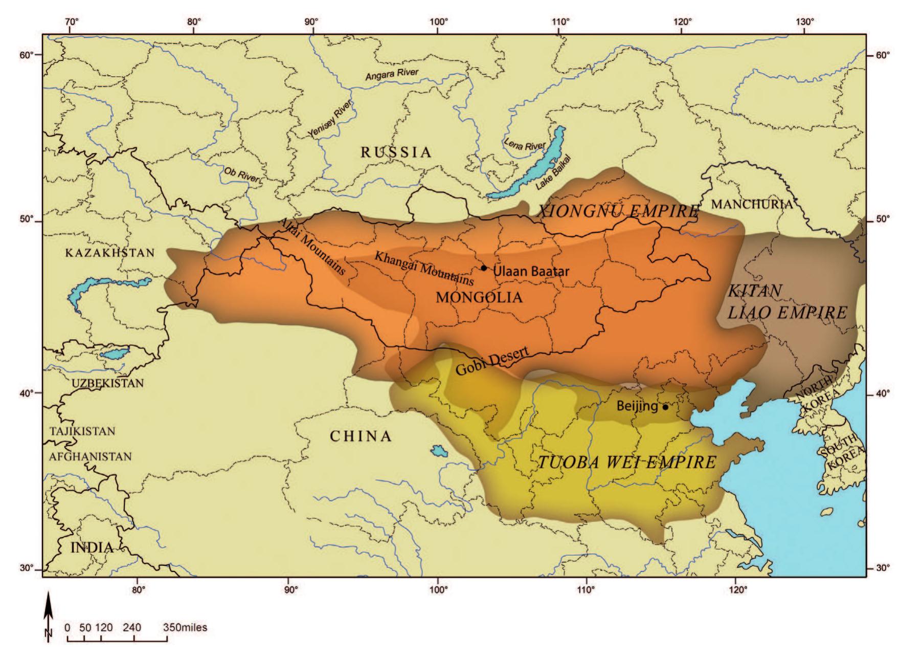 Fig. 1. Approximate area under study encompassing eastern Inner Asia with maximal territorial extent of three polities: the Xiongnu empire (ca. 200 BC to 155 AD), the Tuoba Wei empire (ca. 386 to 581 AD), and the Kitan Liao empire (ca. 907 to 1125 AD). 