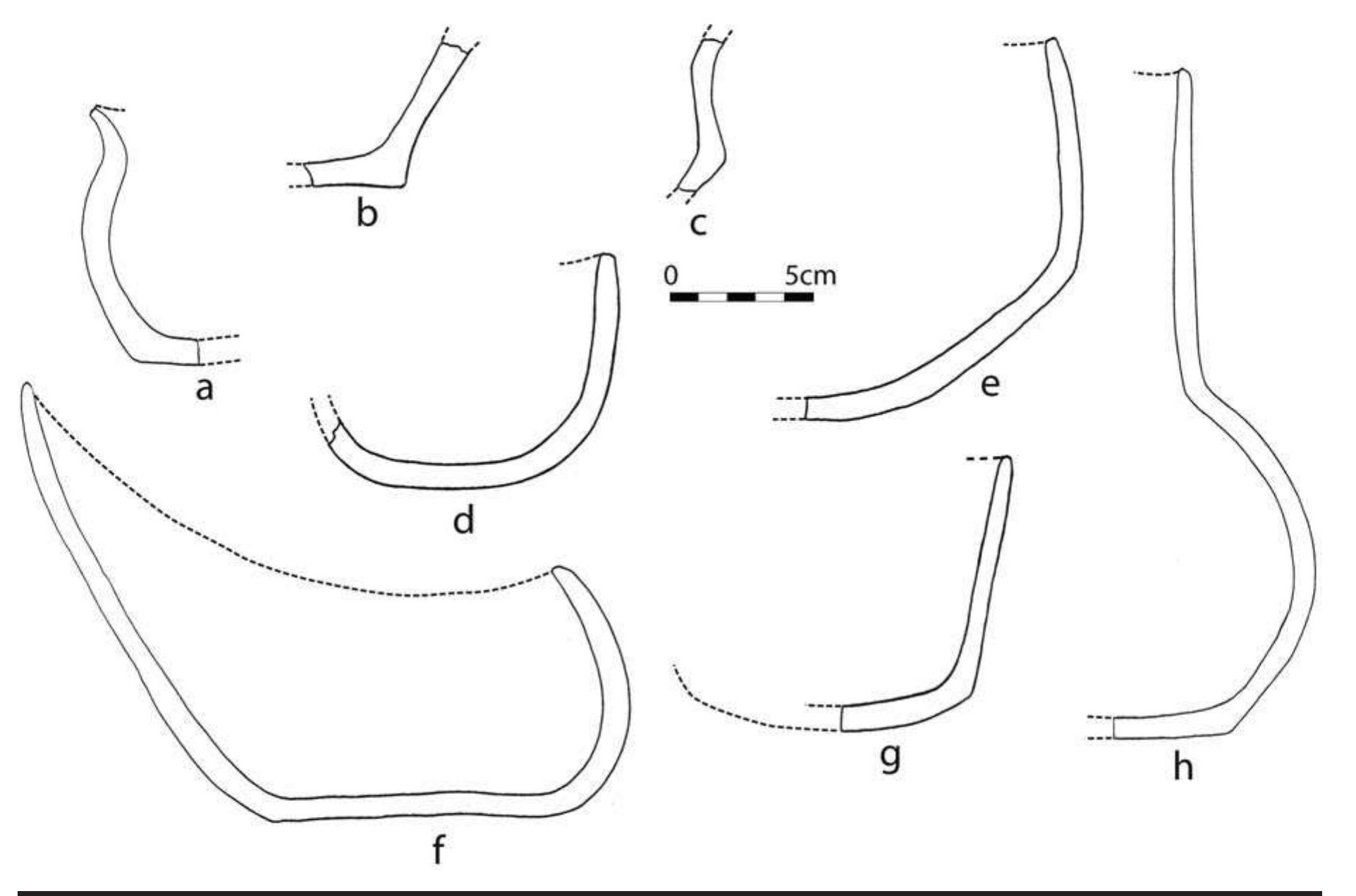 FIGURE 4.2. Ceramic vessel profiles: a, Williams Plain (448948); b-c, Williams Plain, base and carinated body sherds from two different vessels; d, Sanders Plain oval bowl (448641s03); e, White Engraved bowl (423148); f, Coles Creek gourd-form bowl (423145); g, Crockett Curvilinear Incised bowl (423147); h, Smithport Plain bottle (423144). 