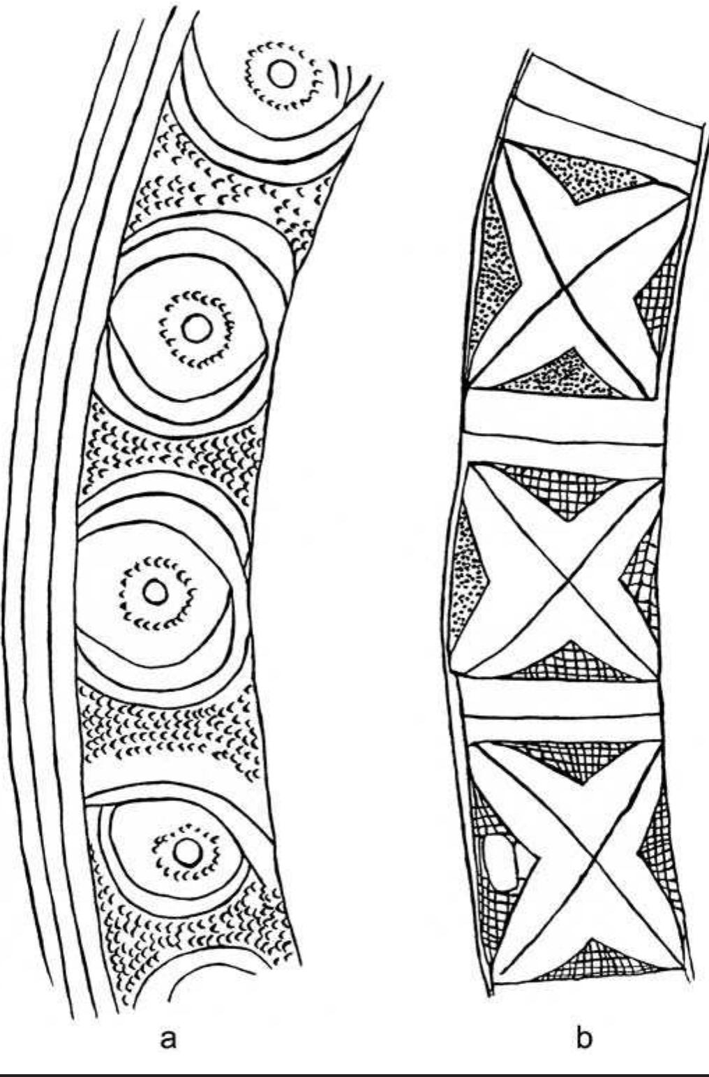 FIGURE 4.5. Rollout of design from two incised vessels: a, 423147, Crockett Curvilinear Incised; b, 423148, possibly White Engraved. 