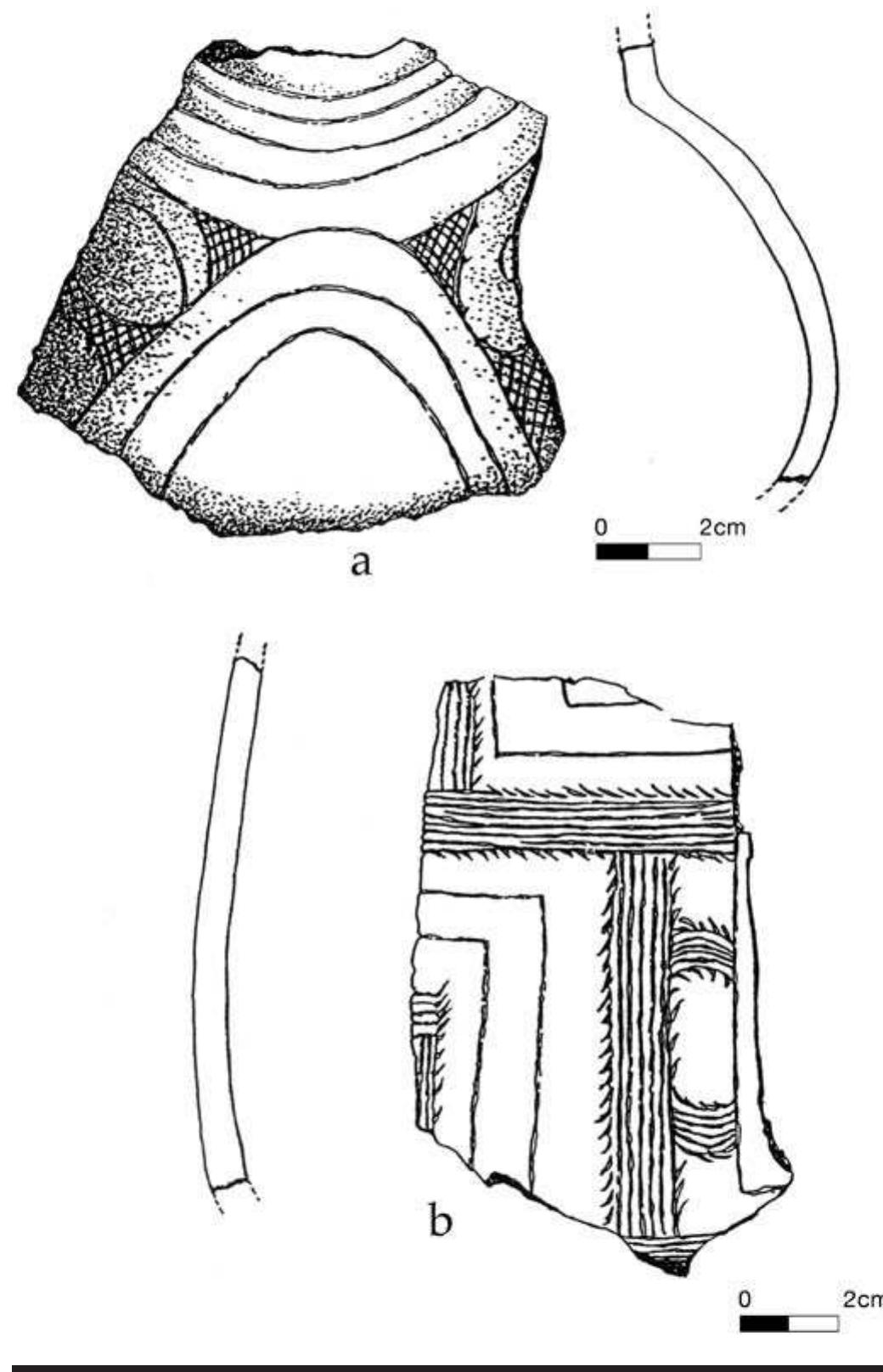 FIGURE 4.8. Incised sherds: a, 448642, Hatchel Engraved; b, 448642, Haley Engraved. 