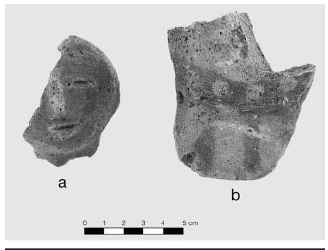 FIGURE 4.9. Effigy adornos: a, human head effigy adorno (448649); b, negative painted vessel handle (448643s08). 