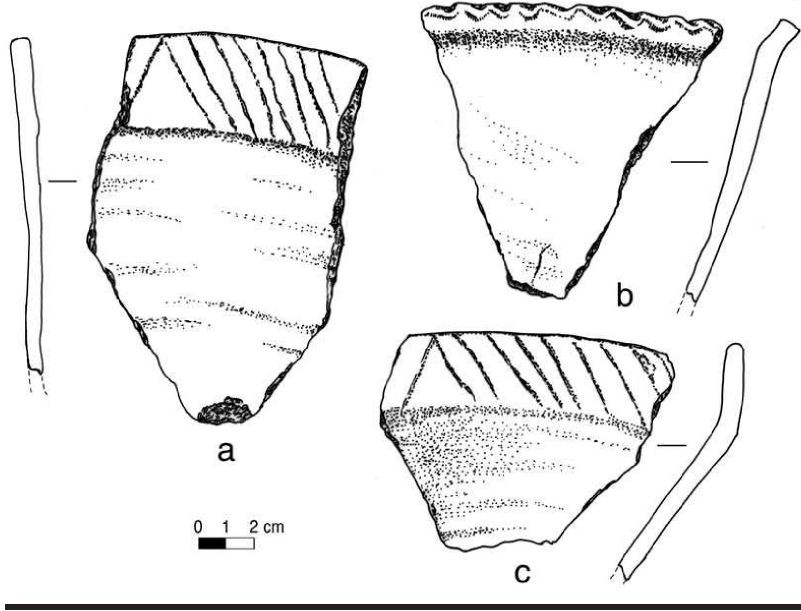 FIGURE 4.10. Slipped and decorated rim sherds: a, Sanders Engraved rim with engraving on inner surface; b, Clement Redware (448641); c, Sanders Engraved with engraving on outer surface.  There are at least five such vessels represented. Three of them are complete enough to offer overall pot dimen- sions (Table 4.2). There is some variation in the relative roundness of the base, and several bases could sit with- out rocking. There is one complete (reconstructed) vessel (423146). A dull red material has been applied over the original pot surface, and it is difficult to tell how much of the actual pot remains. The whole pot is from Trow- bridge’s collection, whereas the fragmentary pots are from Meyer’s. One base was refitted from four separate sherds  The paste is identical to Sanders Plain. Decoration most often consists of hatching along the rim. There are four rim sherds and two body sherds with portions of the incised rim intact (Figure 4.10a,c). Four sherds are engraved on the inner surfaces of the rim. These derive from vessels that have quite deep profiles (Figure 4.10a). The vessels have a very shallow curvature but still prob- ably fall within the range for Sanders Engraved vessels. 