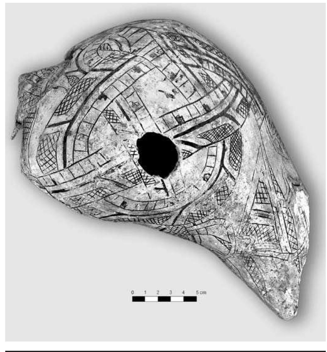 FIGURE 4.19. Braden A style entwined snake motif (448791).  bands of design, representing the dorsal markings and un- derbelly of the snake. In one case the design spills over onto the columella stump. Using the stump as part of the design field is extremely rare and occurs only with the Braden A intertwined snake theme cups (448838). 