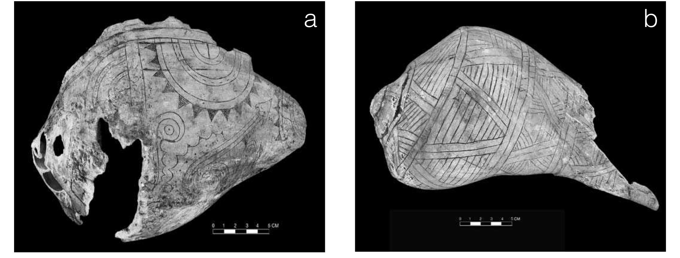 FIGURE 4.25. Spiral patterns executed in Braden C style: a, 448816; b, 423250.  Other motifs include raccoon bindings, petaloid bor- der treatments that frame portrait heads, crosses, and avian themes. The birdman theme is prevalent. For example, 448825 is a shell with a very ornate and complicated design showing a figure wearing three very long vertically hang- ing plumes (Figure 4.27). One knee is raised to the figure’s right in dancing, and the arms swing to the figure’s left. The character is quite animated. The man wears an apron that has a square plate in the center. Lines extending out from the plate could be hair decorated with convexo-cylindrical 