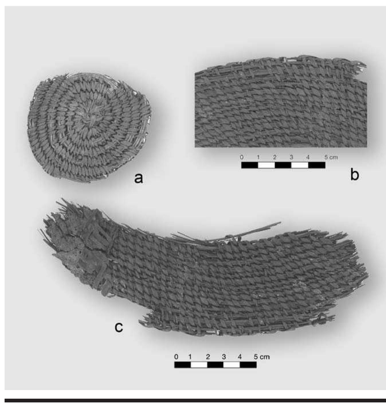 FIGURE 5.22. Coiled baskets: a, 423389; b, c, 423390.  There are two examples of coiled baskets in the col- ection (Figure 5.22). These baskets were manufactured  Twilled matting refers to basketry done in charac teristic twill plaiting but without the curvature expectec for some containers. Most pieces are too small to exhibit curvature, so much of what appears to be matting may actually be small fragments from containers. Rectangulat shallow baskets will not exhibit curvature, even though they are containers. Baerreis (1947:7) discusses the inci- dence of matting as a common artifact among historic 