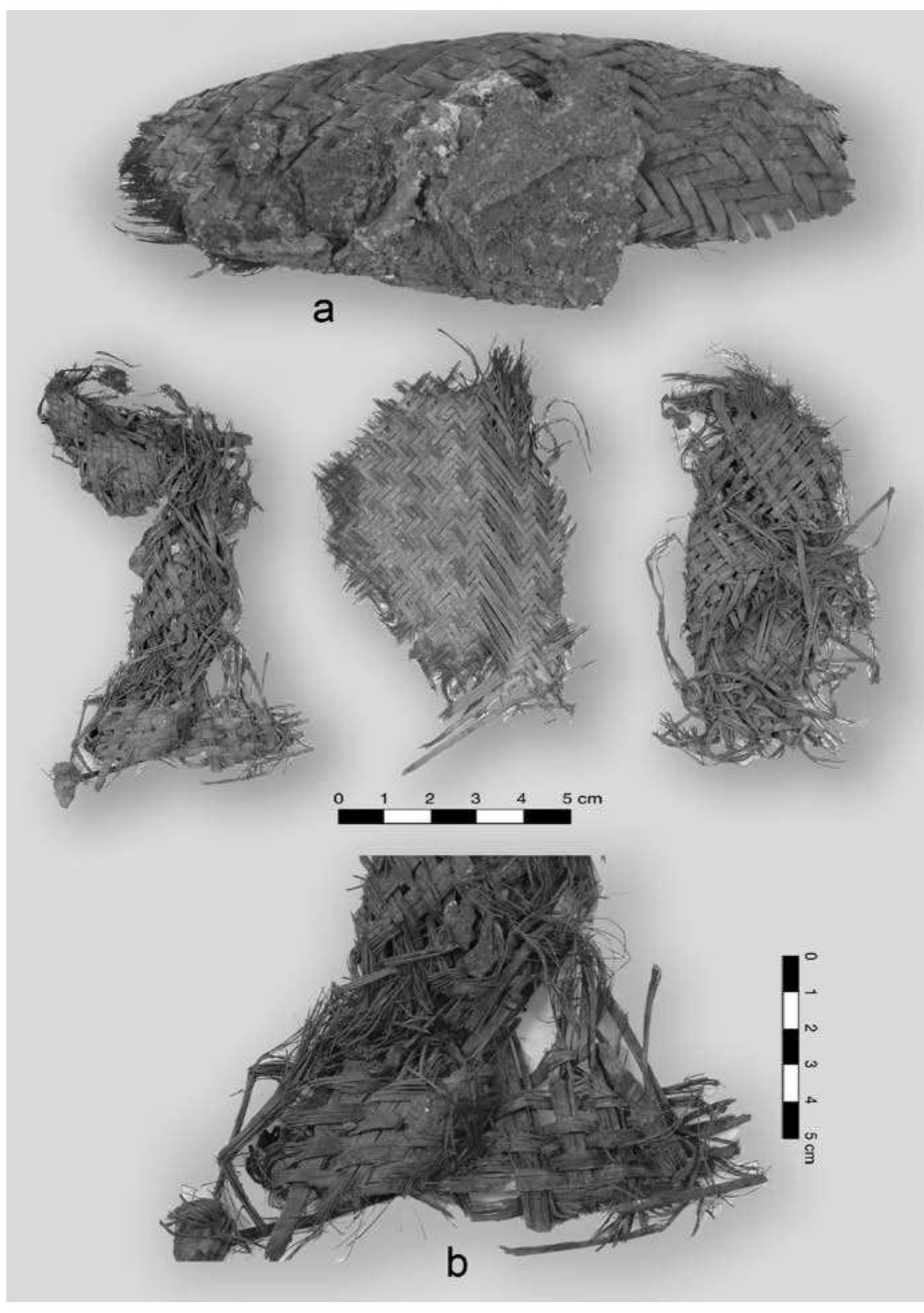 FIGURE 5.24. Twill basketry: a, curved basket section (386185); b, twill matting (432385). 