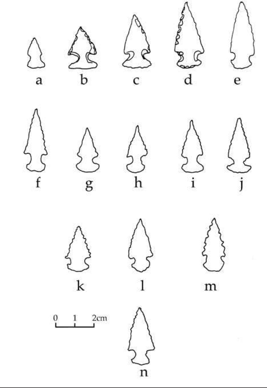 FIGURE 6.7. Small projectile points (423192): a-e, s58-s62 Reed and Keota points; f-m, s64-s71 Reed/Keota variety; n, s63. 