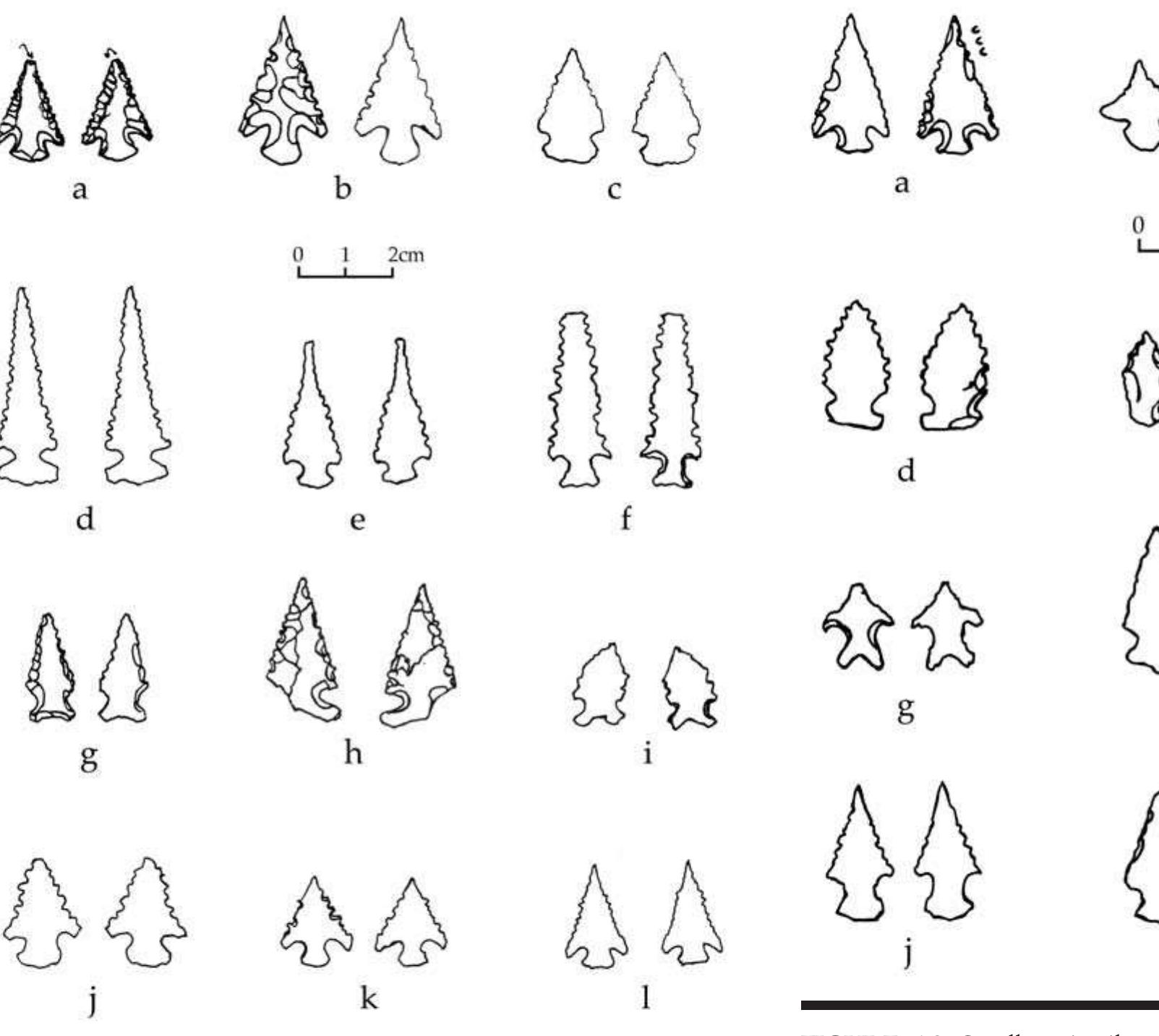 FIGURE 6.9. Small projectile points: a-f, 448650s13-s18 various; g, 448651801 Edwards; h-l, 448651 s02, s07, s17, s21, s20 various.  FIGURE 6.8. Small projectile points (448650): a, s01 Agee; b, s02 Rockwall; c, s03; d-f, s04-s06 Sequoyah; g, s07 Haskell; h, s08 Morris; i, s09; j-l, s10-s12 Agee. 