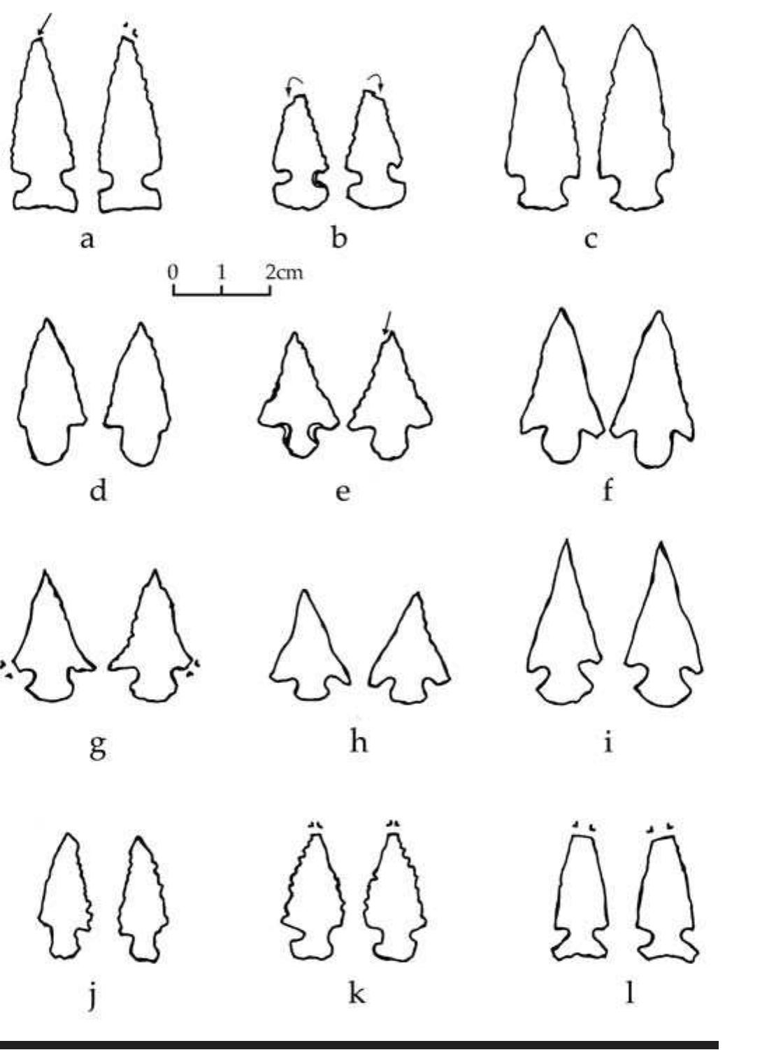 FIGURE 6.10. Small projectile points (448651): a, s03 Reed; b, s04 Keota; c, s05; d, s08 Alba; e-f, s24-s25 Alba; g, s06 Ashley; h, s28 Agee; i, 542 Agee; j—k, s09-s10; |, s12 Haskell. 