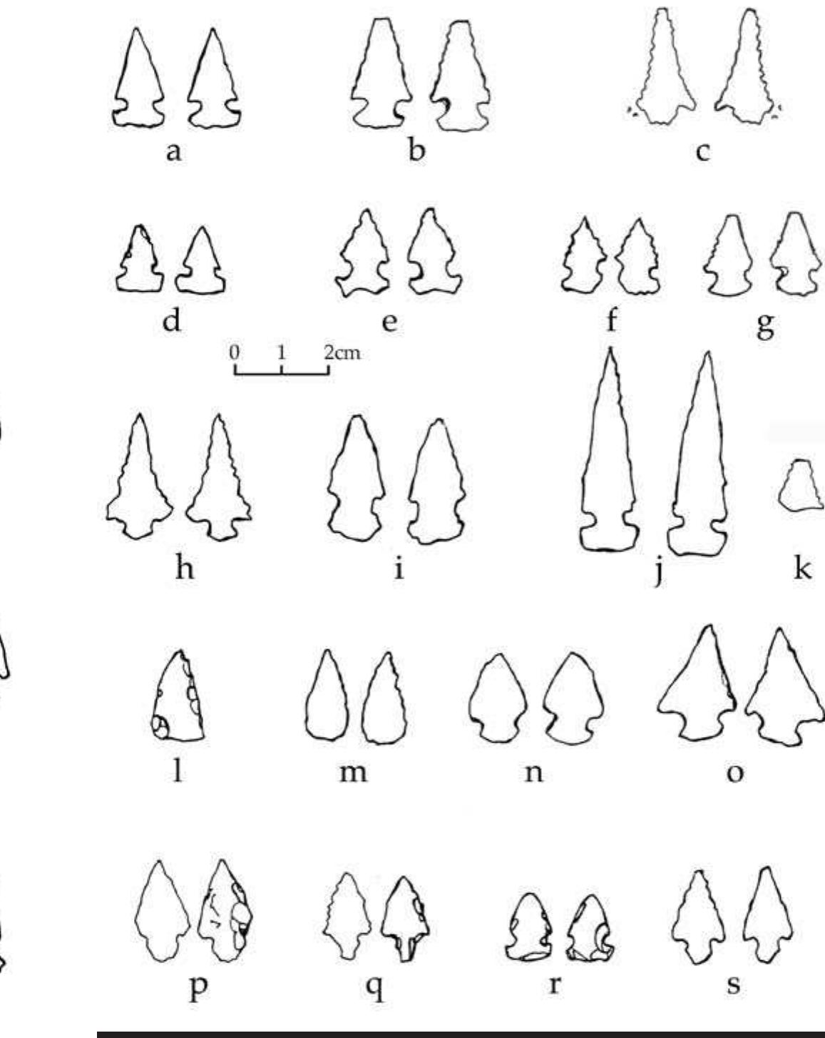 FIGURE 6.11. Small projectile points (448651): a, s13 Reed; b, s15; c, $16; d, $14; e, s18; f, s27; g, $38; h, $145 i, s23; j, 11; k, 531, 1, s26 Fresno; m, s22 unshouldered; n, s29; 0, s30; p—s, s32-s35. 
