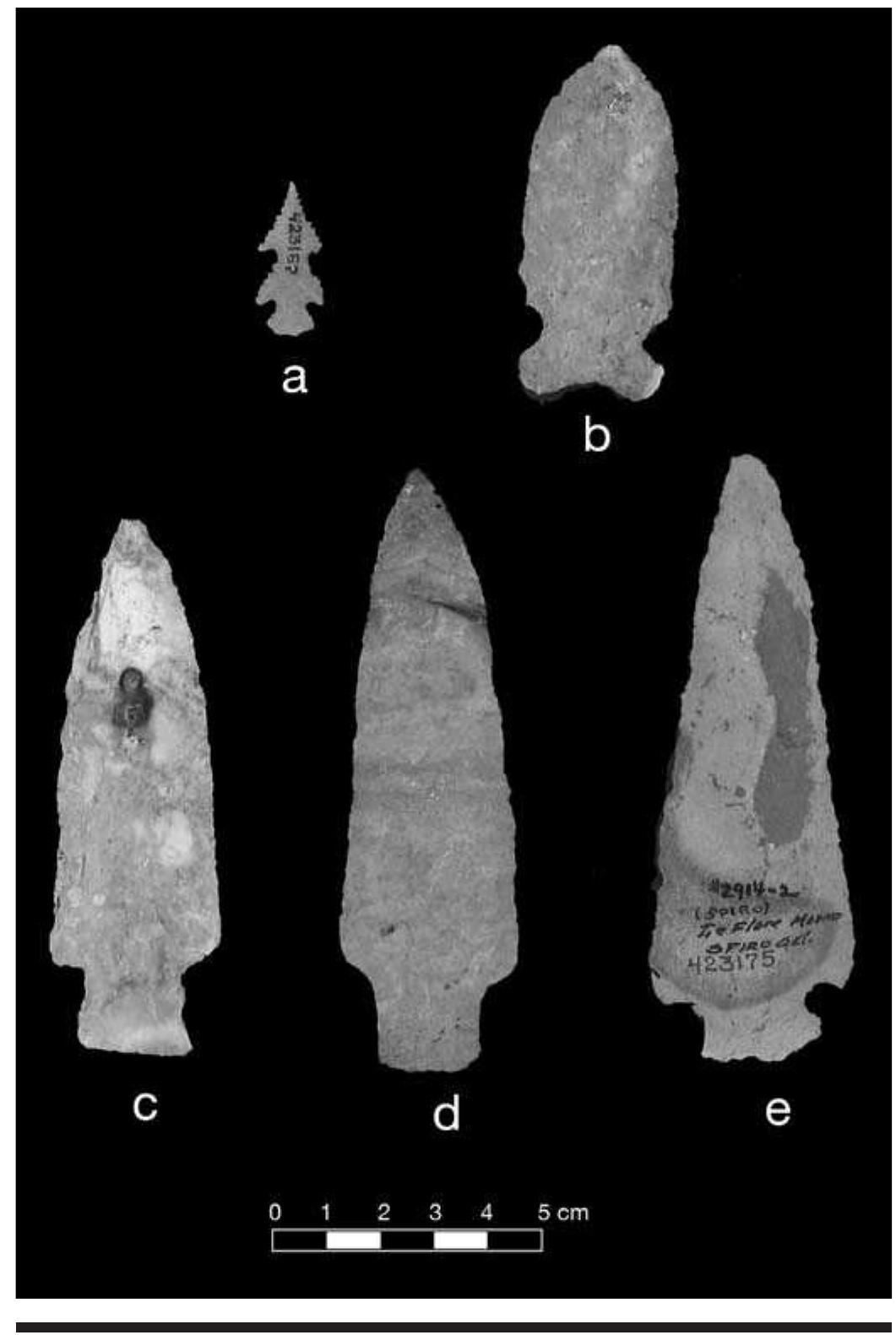 FIGURE 6.13. Large and unusual points: a, Ashley Chocoville point (423187); b, very early point, Graham Cave (423177); c, d, Lange points (423175301, 423176); e, Kay point (423175). 