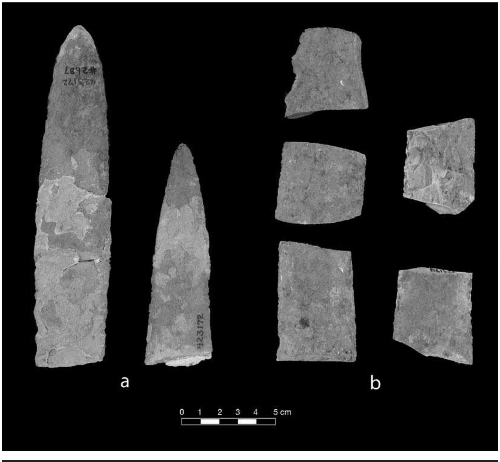 FIGURE 6.16. Duck River bifaces: a, reconstructed biface (423172); b, fragments (423174). 