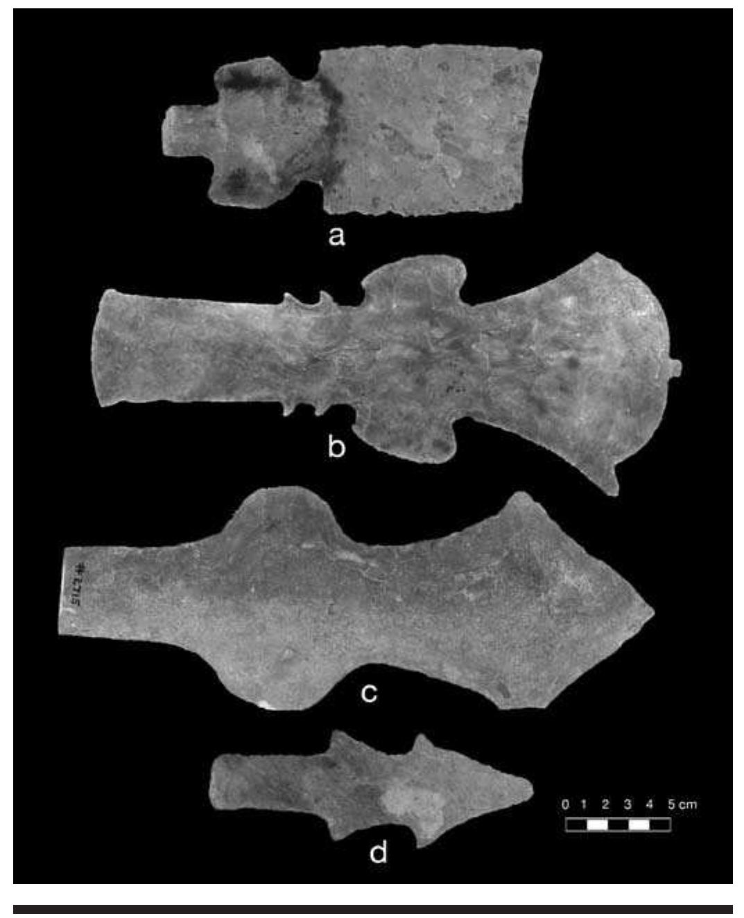 FIGURE 6.18. Maces: a, 423196; b, 423198; c, 423197; d, 423195.  documented morphological types (Brown, 1976:166-173; 1996:474-476). 