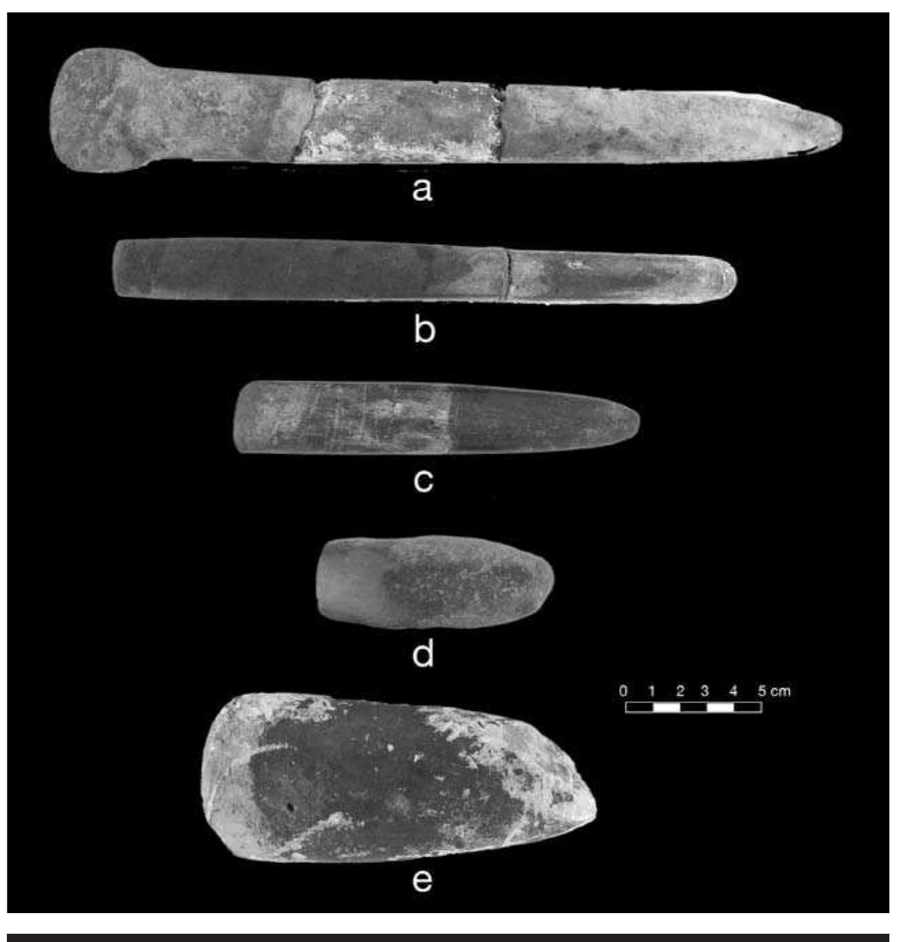 FIGURE 6.21. Elongate celts: a, flared bit (448670); b, reconstructed celt (448671); c, elongate celt (423201); d, small jasper pebble celt (448676s01); e, wide celt (448676s02). 