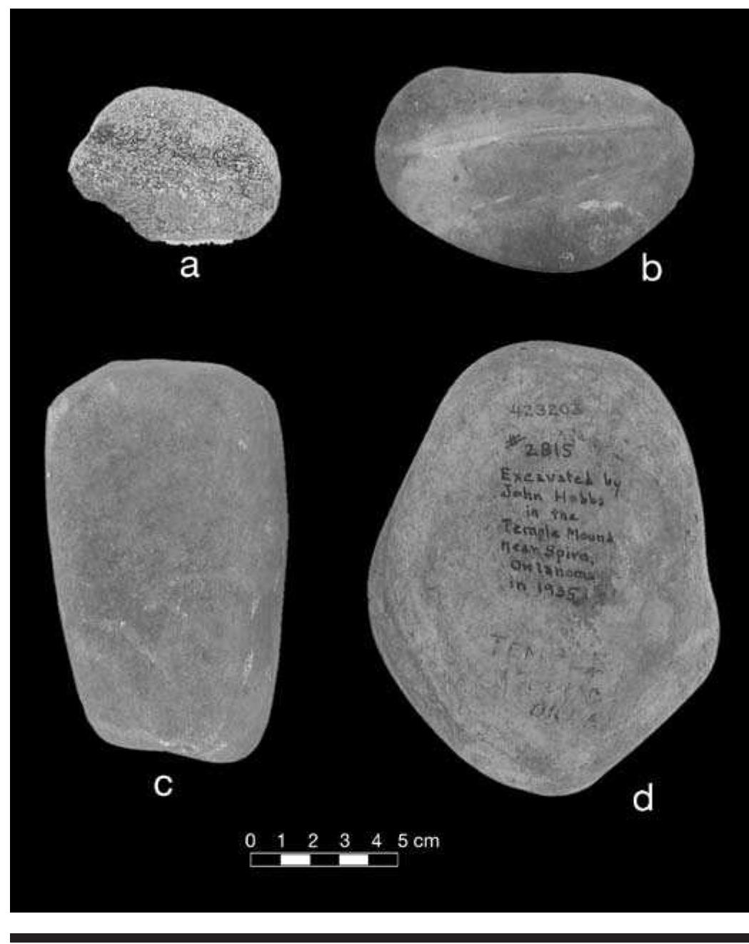 FIGURE 6.26. Abrading tools: a, grooved abrader (423206); b, grooved abrader (423205); c, mano (448681); d, polishing stone (423203). 