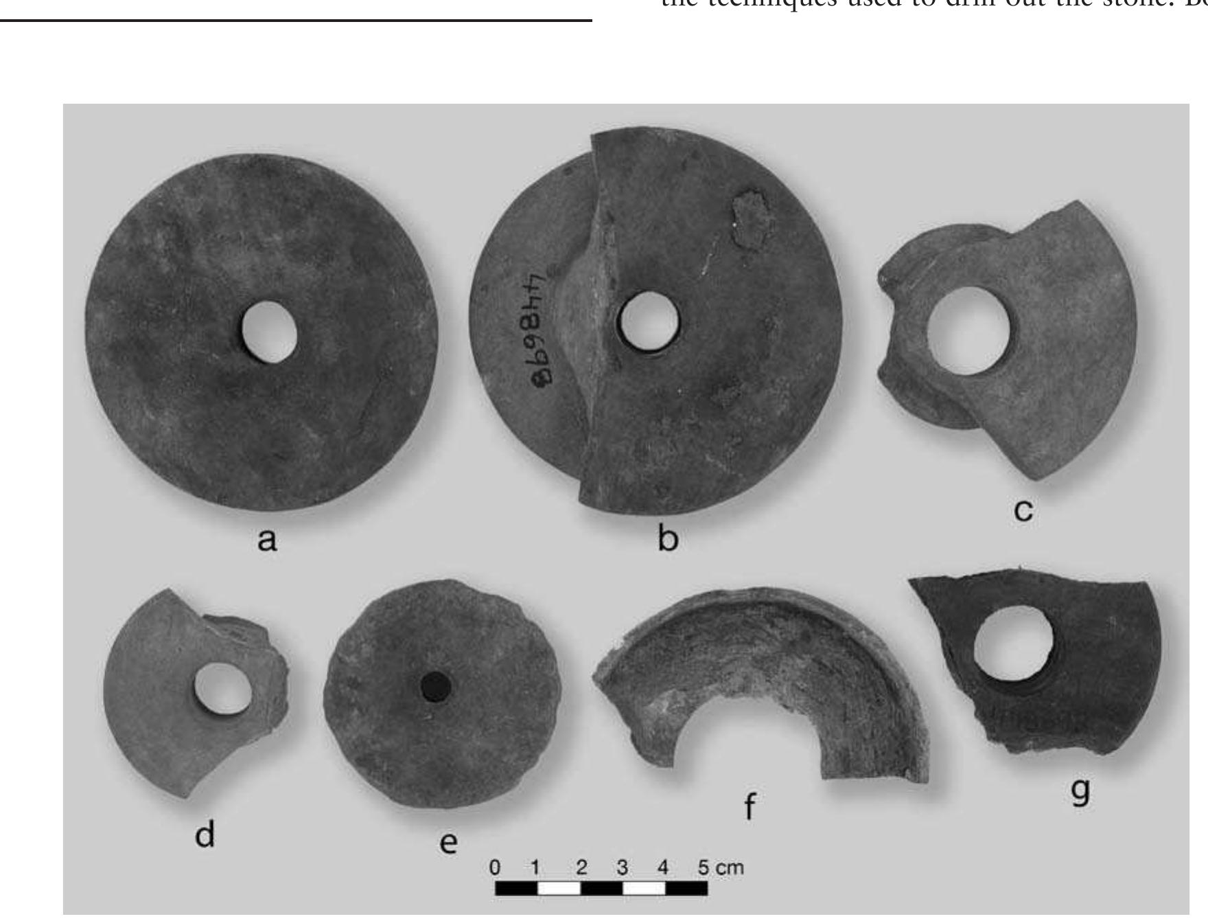 FIGURE 7.1. A variety of perforated pulley-shaped stone earspools: a, complete example carved from argil- laceous siltstone (448698s01); b, large earspool carved from argillaceous siltstone (448698s02); c, fragment with narrow pulley groove (448698s03); d, fragment made of soft claystone (448698804); e, unfinished specimen with central hole only partially drilled (448698s05); f, flanged example carved from sandstone (448698806); g, fragment carved from siltstone (448698s07). 