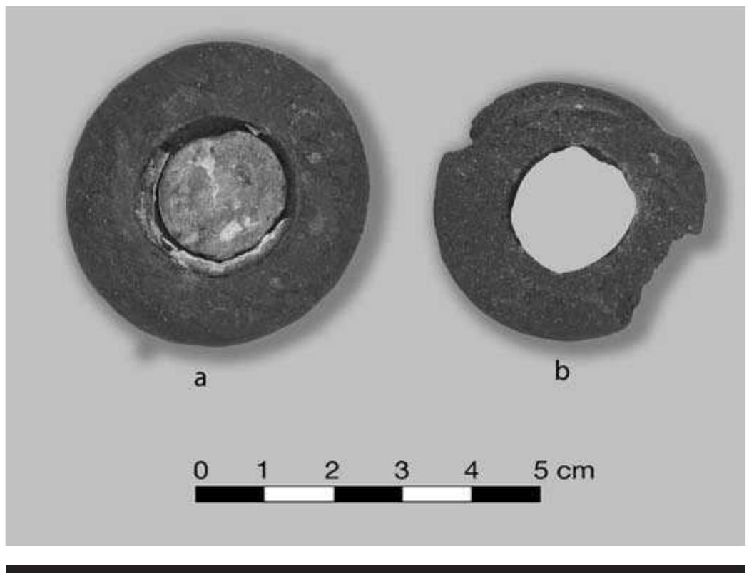 FIGURE 7.6. Composite wood and shell earspools: a, 448900s01; b, 448905s03. 