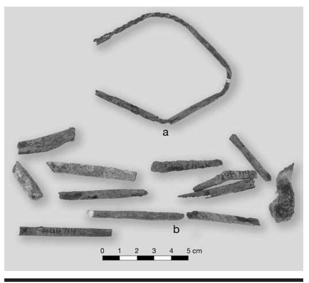 FIGURE 7.21. Small and medium copper beads: a, three beads strung on original cordage (448714); b, loose beads, several with original cordage remaining inside (448714).  The string may even remain inside the copper tube thanks to the preservative properties of copper. In two cases, the string is well preserved, testifying to how these beads may have been worn. Lot 448714 includes a thick cord on which three tubular copper beads and one very small shell disc bead have been preserved. Another artifact in the same lot contains a long bead broken into two frag- ments that cling to the original string. 