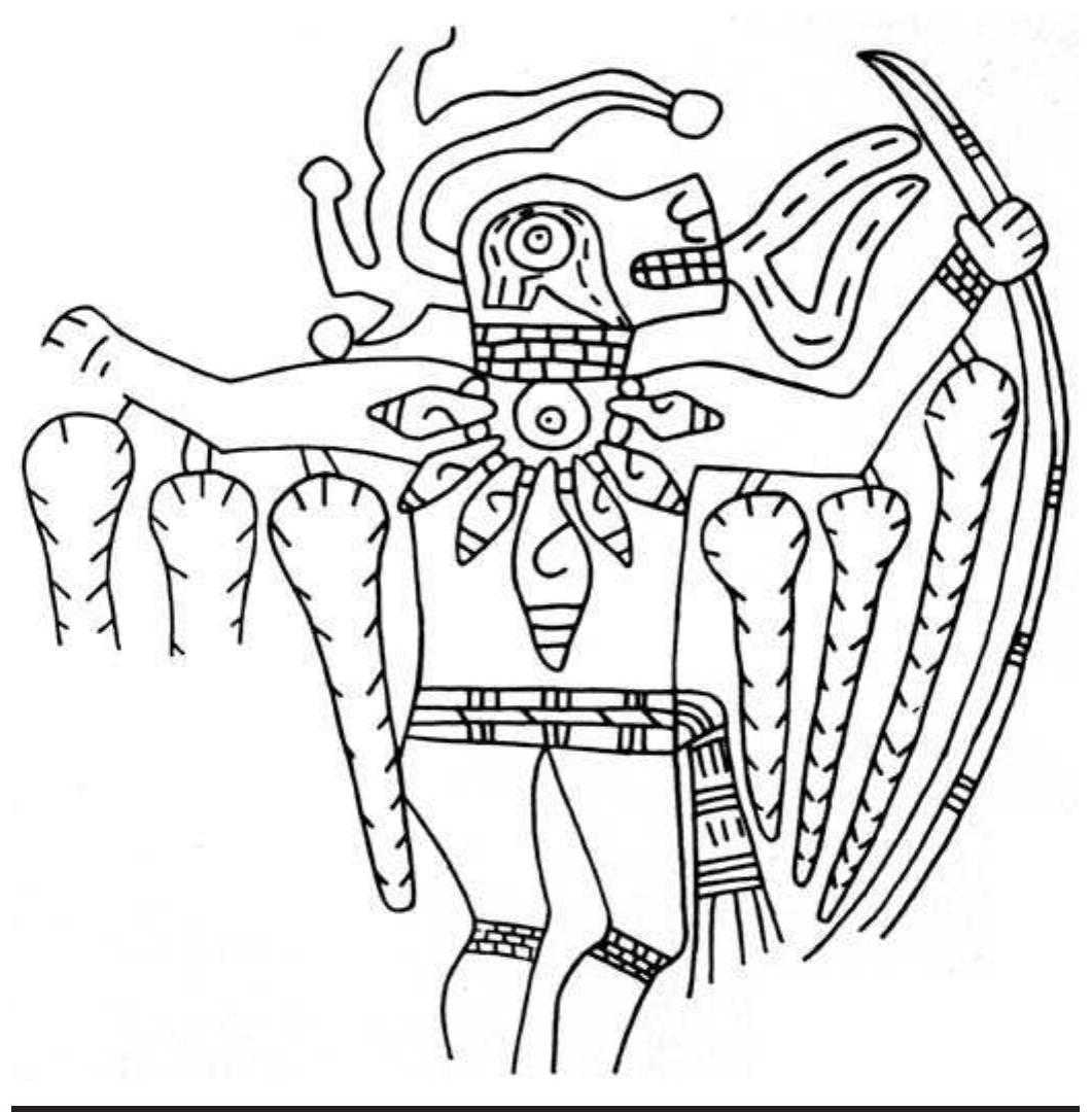 FIGURE 7.22. Cat-man warrior wearing necklace of columella pen- dants and displaying scalps (423245). 