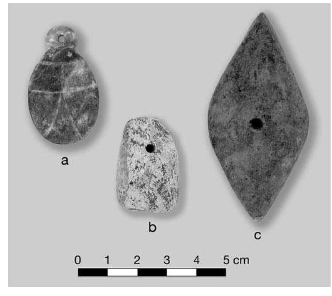 FIGURE 7.29. Stone pendants: a, beetle-shaped greenstone pendant (448684); b, broken stone pendant (423168); c, diamond-shaped pendant (423166). 