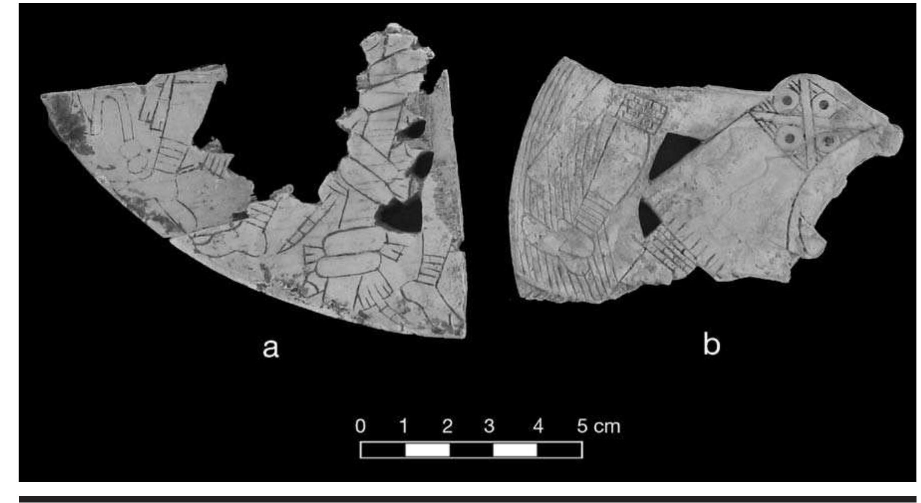 FIGURE 7.31. Craig A gorget fragments: a, depicts raccoon pole (448750); b, depicts warrior (448747). 