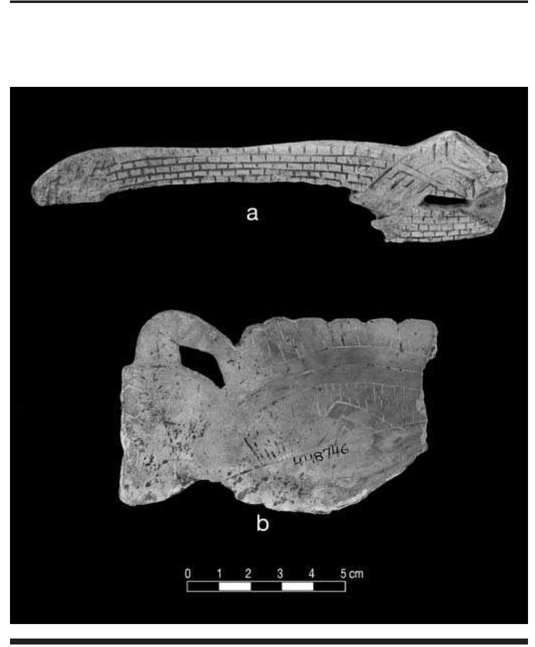 FIGURE 7.34. Noncircular fenestrated gorgets: a, pattern of brick- work (448763); b, Craig B bird motif on inner surface of Pleurop- loca shell (448746). 