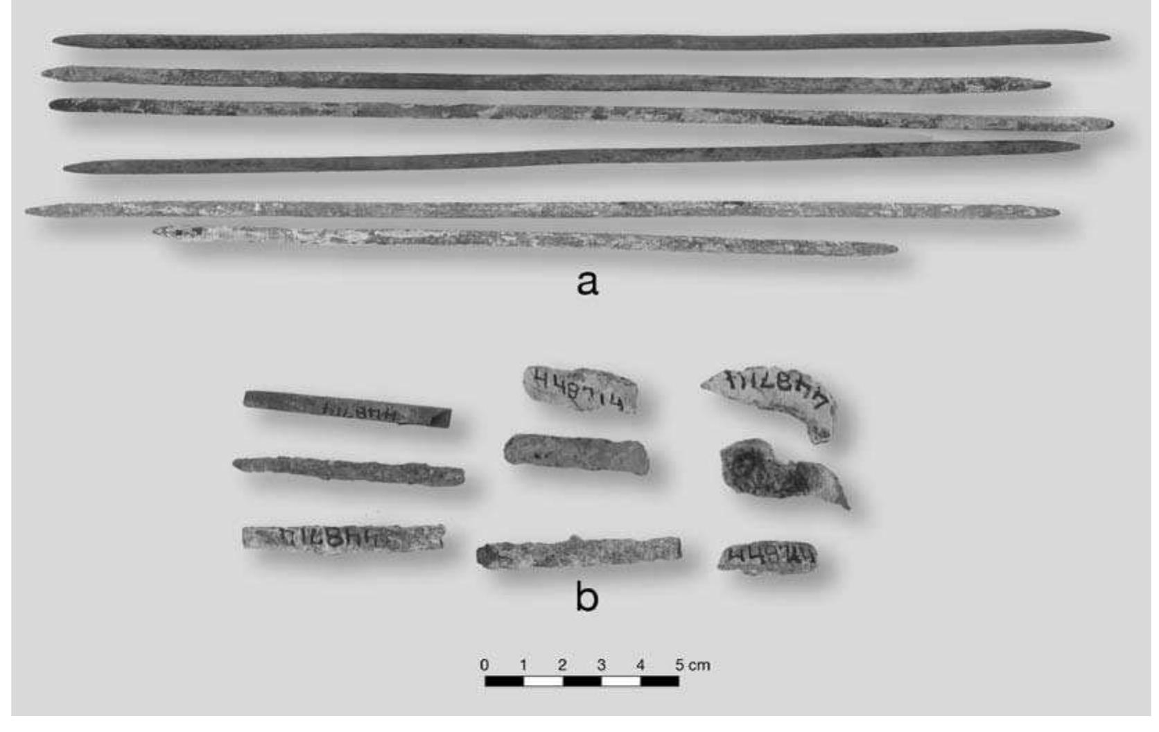 FIGURE 7.39. Copper pins: a, fraudulent pins manufactured from copper wire (448712); b, authentic cop- per pins and S-shaped pieces (448714810, s11).  around the ring of perforations. The outer edge is scalloped. The artifact has an overall finish in a dark, rich reddish brown, as though it has a patina or was affected by pig- ment. The finished size of the gorget can be estimated at 7 cm in diameter (see Table 8.6). The bone appears to be the scapula of a large mammal, e.g., bison, deer, bear, or elk.°  Prehistoric copper pins have square cross sections and taper gradually from the center to the tips. There are only six fragments of authentic pins (448714). These are broken into segments approximately 5 cm long. The set includes two tips. The lot containing these pin fragments consisted primarily of tubular copper beads, and the pin segments had gone unnoticed among the beads. These copper pins are heavily corroded and highly fragmented (Figure 7.39b). 