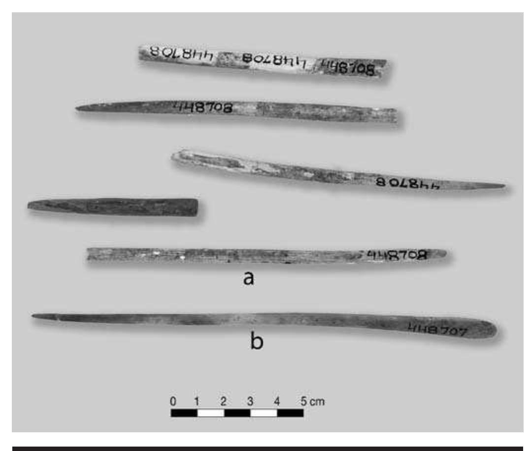FIGURE 7.40. Bone pins: a, fragments (448708); b, complete pin with spatulate end (448707). 