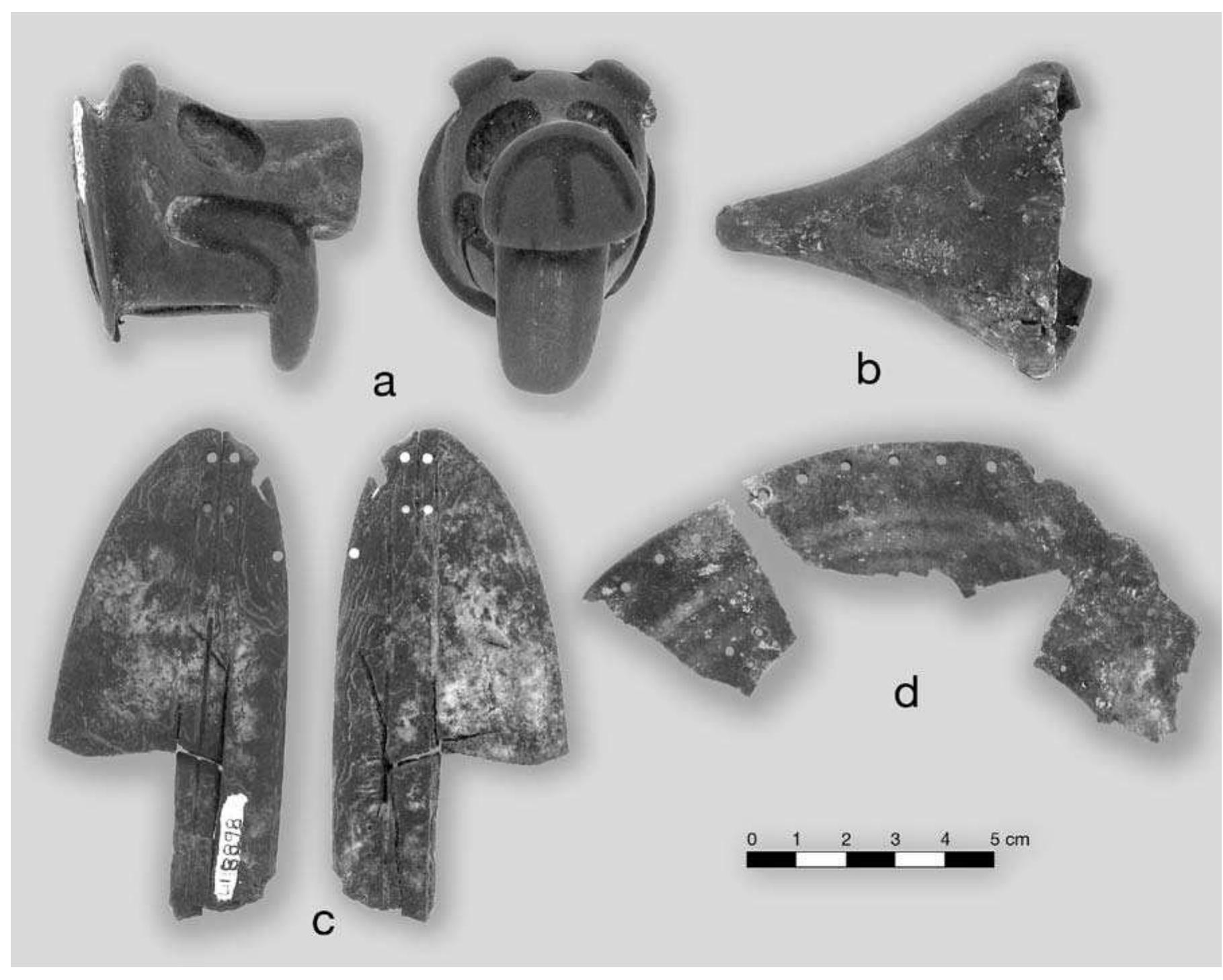 FIGURE 7.42. Other ornamental objects: a, effigy earspools (448895); b, zoomorphic wooden cones (448899); c, turtle carapace plaque (448898); d, bone plate plaque. 