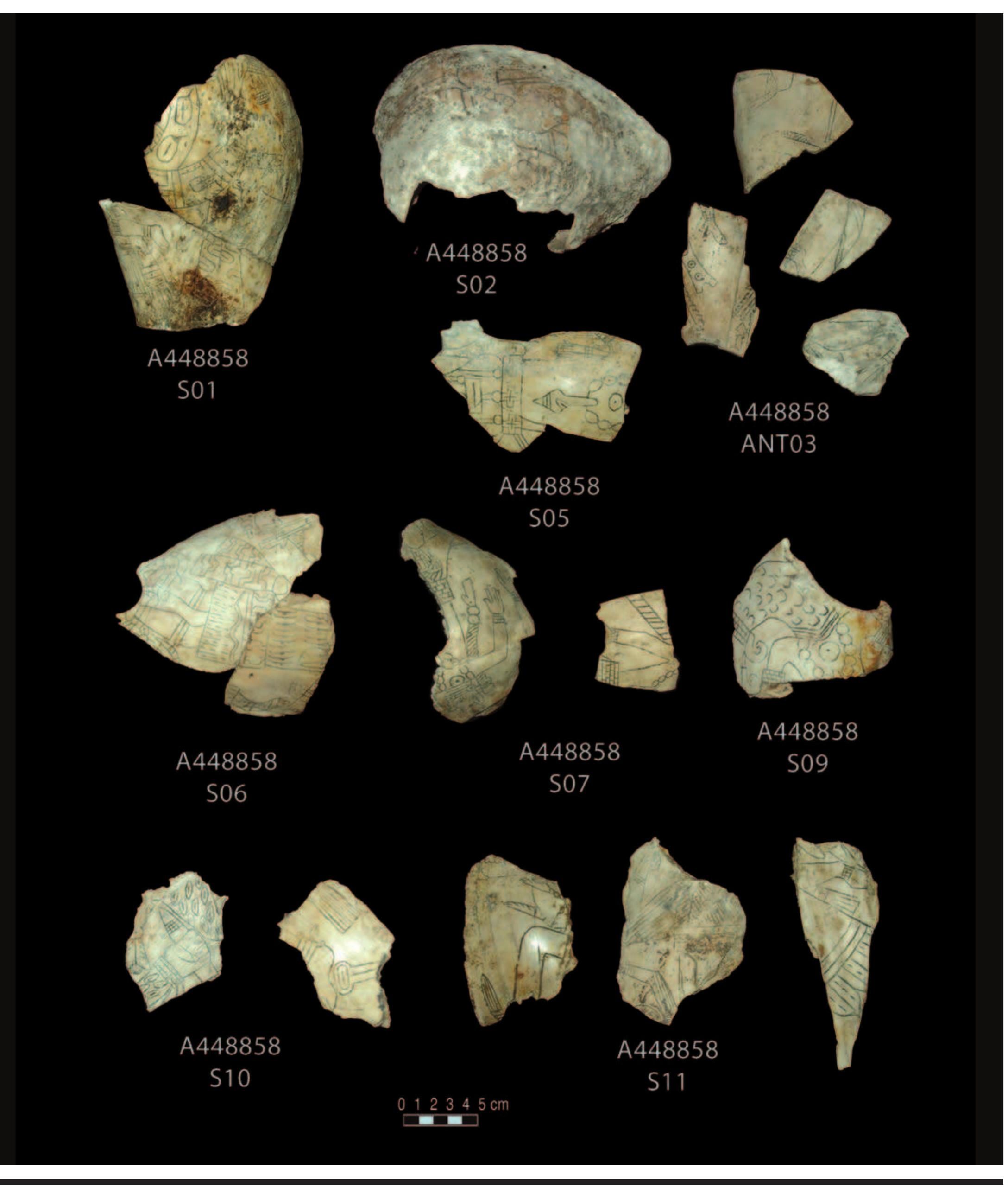 PLATE 6. 448858. Row 1: left, [s01], Craig B; center upper, [s02]; center lower, [s05], human figure wearing columella pendant; right, 4 frag- ments. Row 2: [s06]; [s07] (2 fragments), Craig A; [s09]; birdman theme. Row 3: left, [s10] (2 fragments), Craig B; [s11] (3 fragments); birdmen in various styles. 
