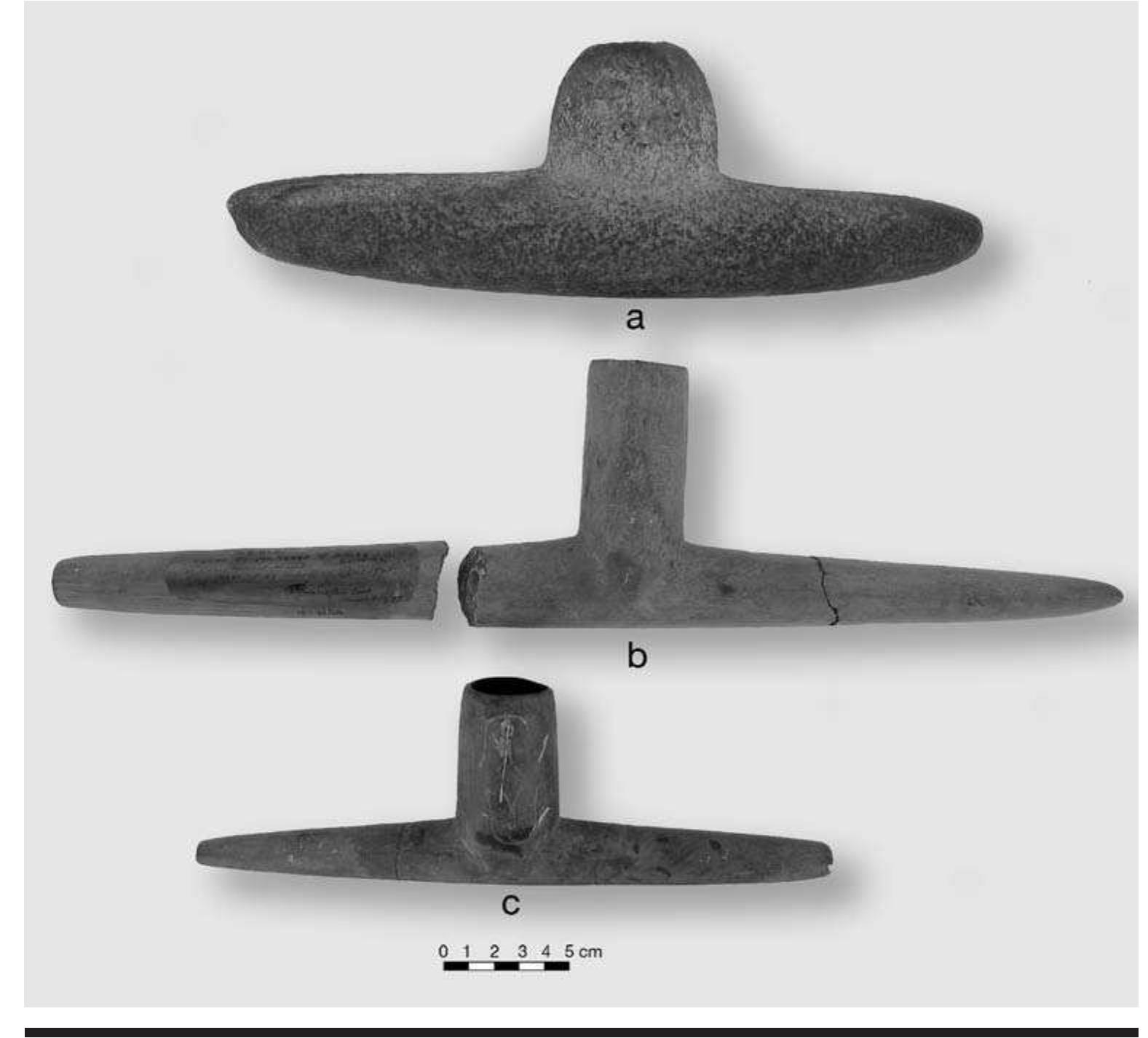 FIGURE 8.2. Cylindrical bowl T-shaped pipes: a, unfinished pipe blank (423159); b, very long pipe (423158); c, pipe with incised bowl (423157). 