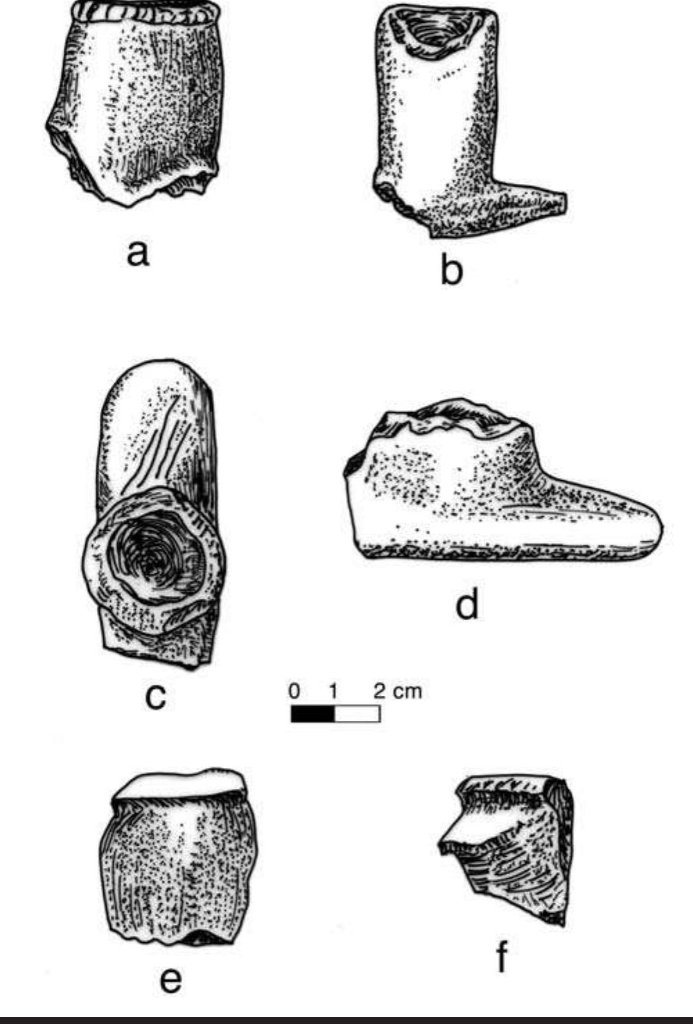 FIGURE 8.5. Ceramic and stone pipe fragments: a, ceramic (448661s01); b, stone (448661s02); c, ceramic pipe, top view (448661s03); d, ceramic pipe, side view (448661s02); e, ceramic pipe bowl fragment (448661803); f, stone pipe bowl fragment (448661505). 