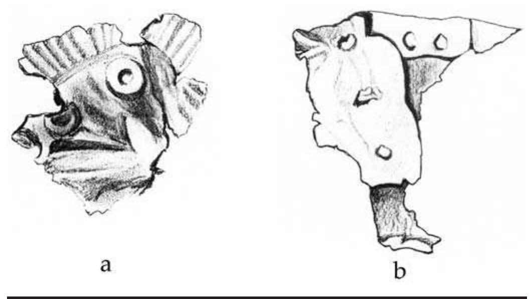 FIGURE 8.16. Copper sheet artifacts: a, crumpled embossed frag- ment (423218); b, fragment with numerous rivets (423221801).  has been X-rayed in an attempt to reconstruct more of the design. This attempt was largely unsuccessful. 