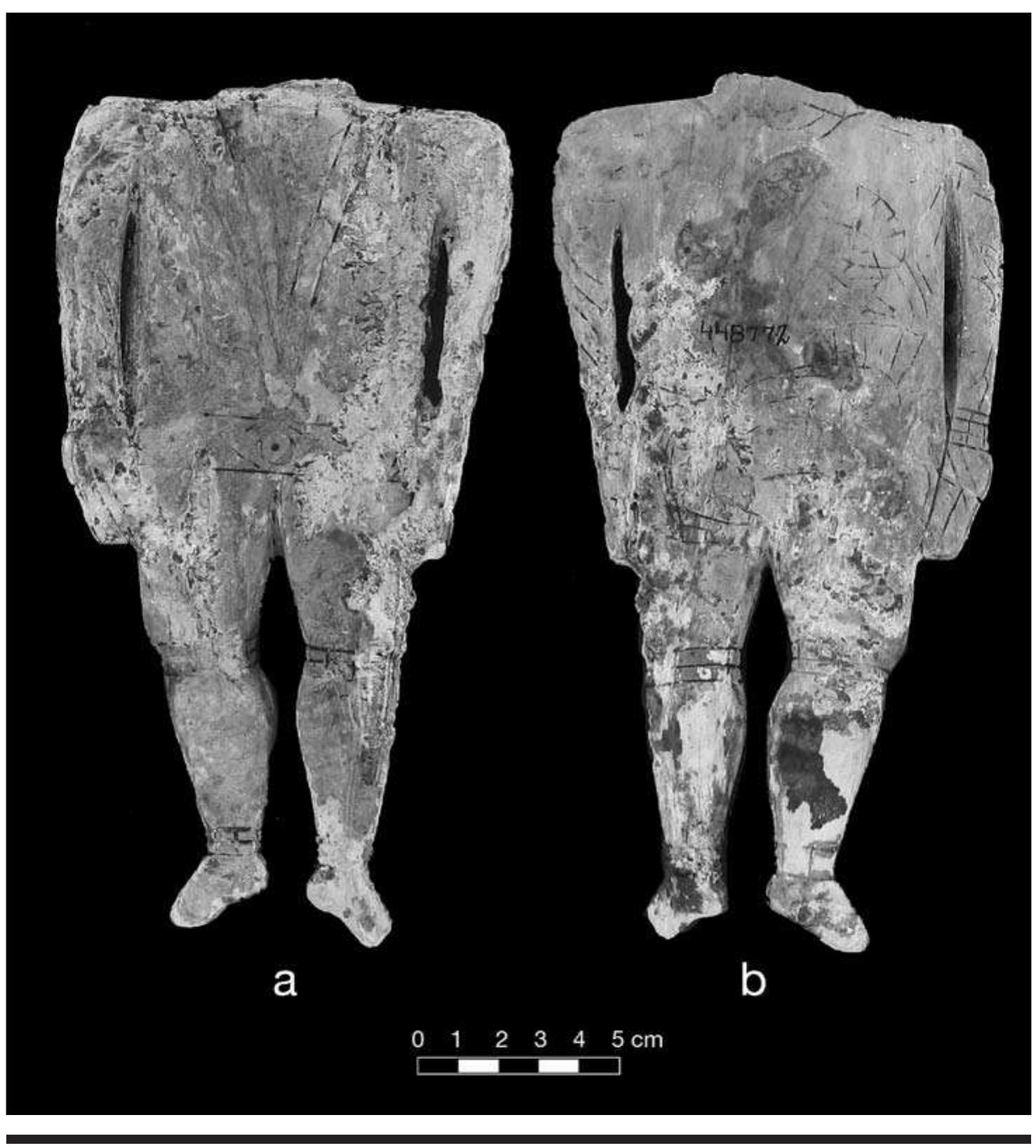 FIGURE 8.20. Shell figurine (448872): a, front view; b, back view showing previous engraving. 