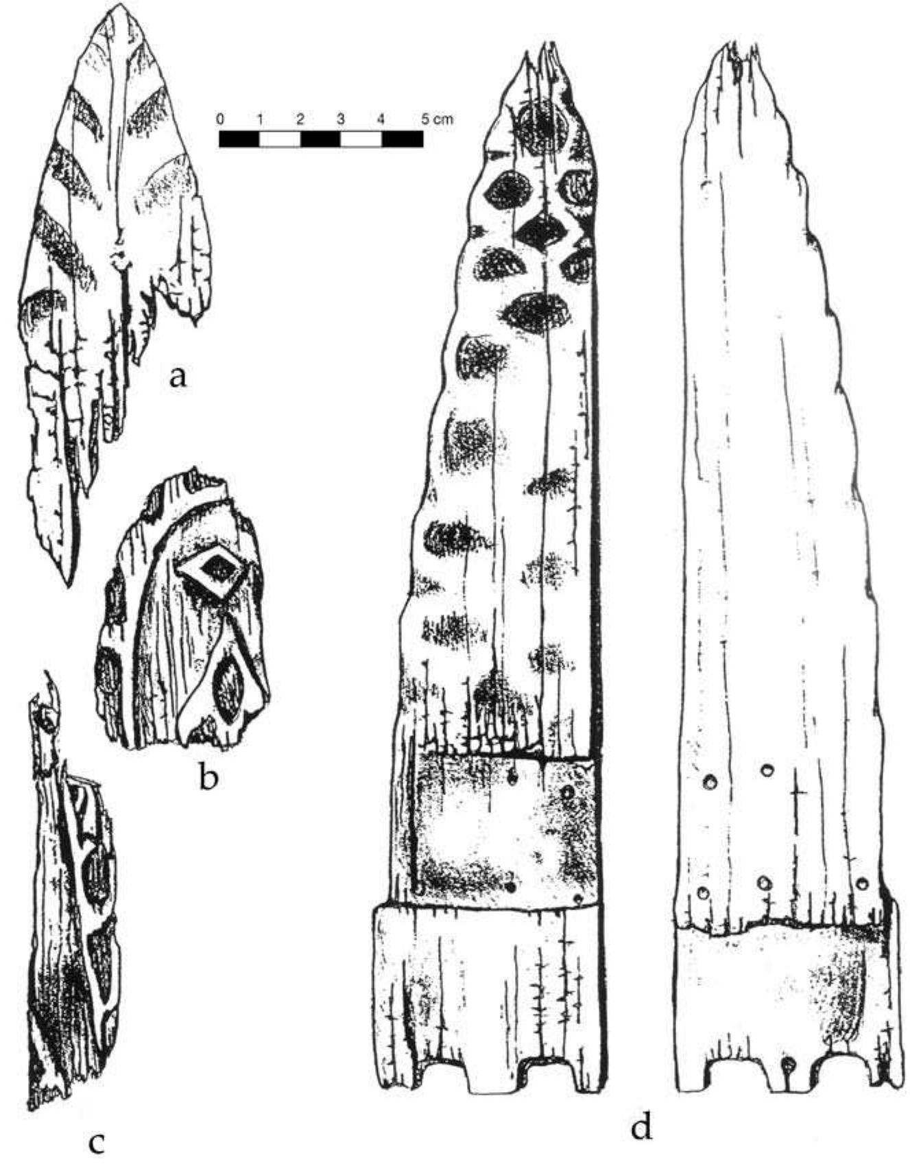 FIGURE 8.24. Wooden artifacts, blade-like forms: a, blade-form fragment (423391). b, (423392); c, 423393; d, asymmetrical blade-form artifact (448897). 