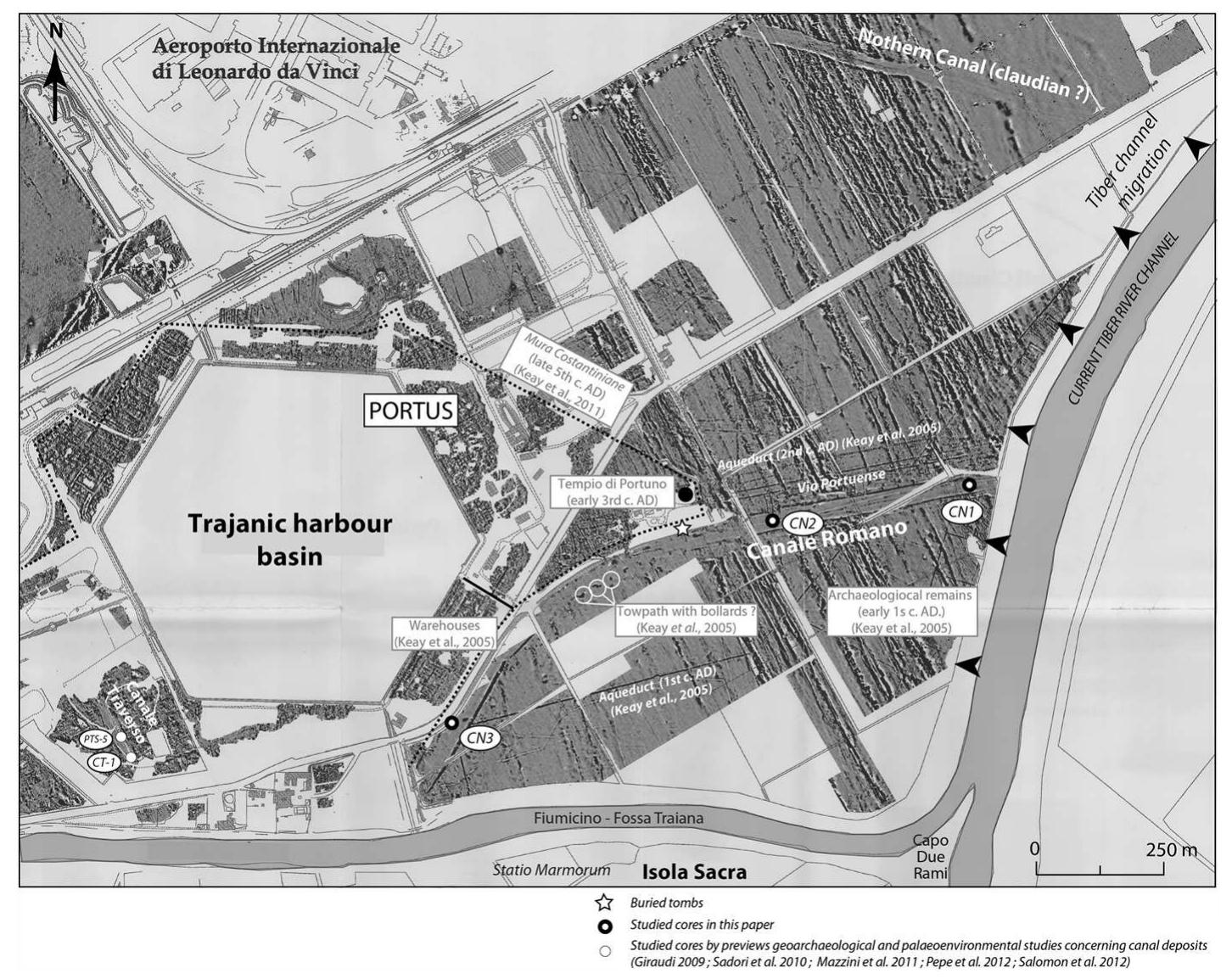 Sea. The river discharges at an annual average rate of 240 m°/s at the Ripetta gauging station (Rome). During the 30 year prior to 1963 (1934-1963), the river transported an estimated mean of 4.3—7.2 million tons of suspended sediment per year at Ripetta (adanza and Napolitano 2006). Over the last 50 years this mean number was only 1.1-1.4 million tons per year. The reduction in suspended sediment load at Ripetta station is the result of alterations to the sediment budget by dams (Iadanza and Napolitano 2006). This reduction in the sediment flux impacts on coastal erosion (Bellotti and De Luca 1979).  The Tiber delta plain can be divided into two different geomorphological units. The 