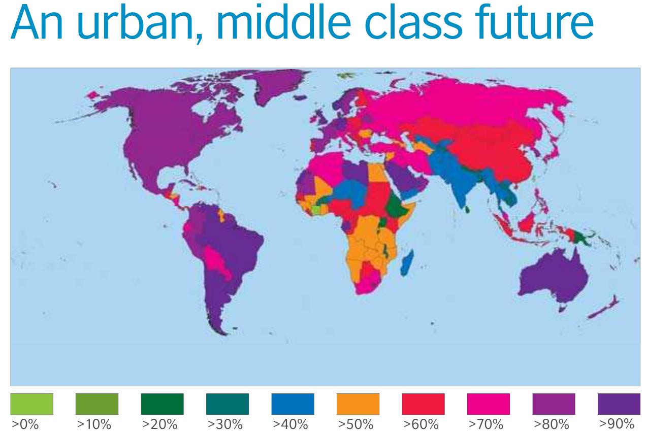 1.26 world urbanisation in 2030. the map shows the