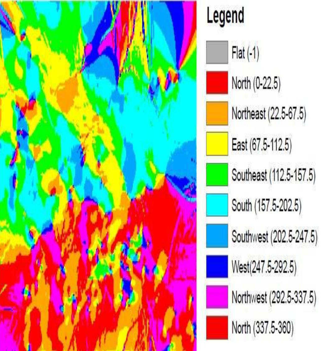 Aspect map derived from topographic map of the test site