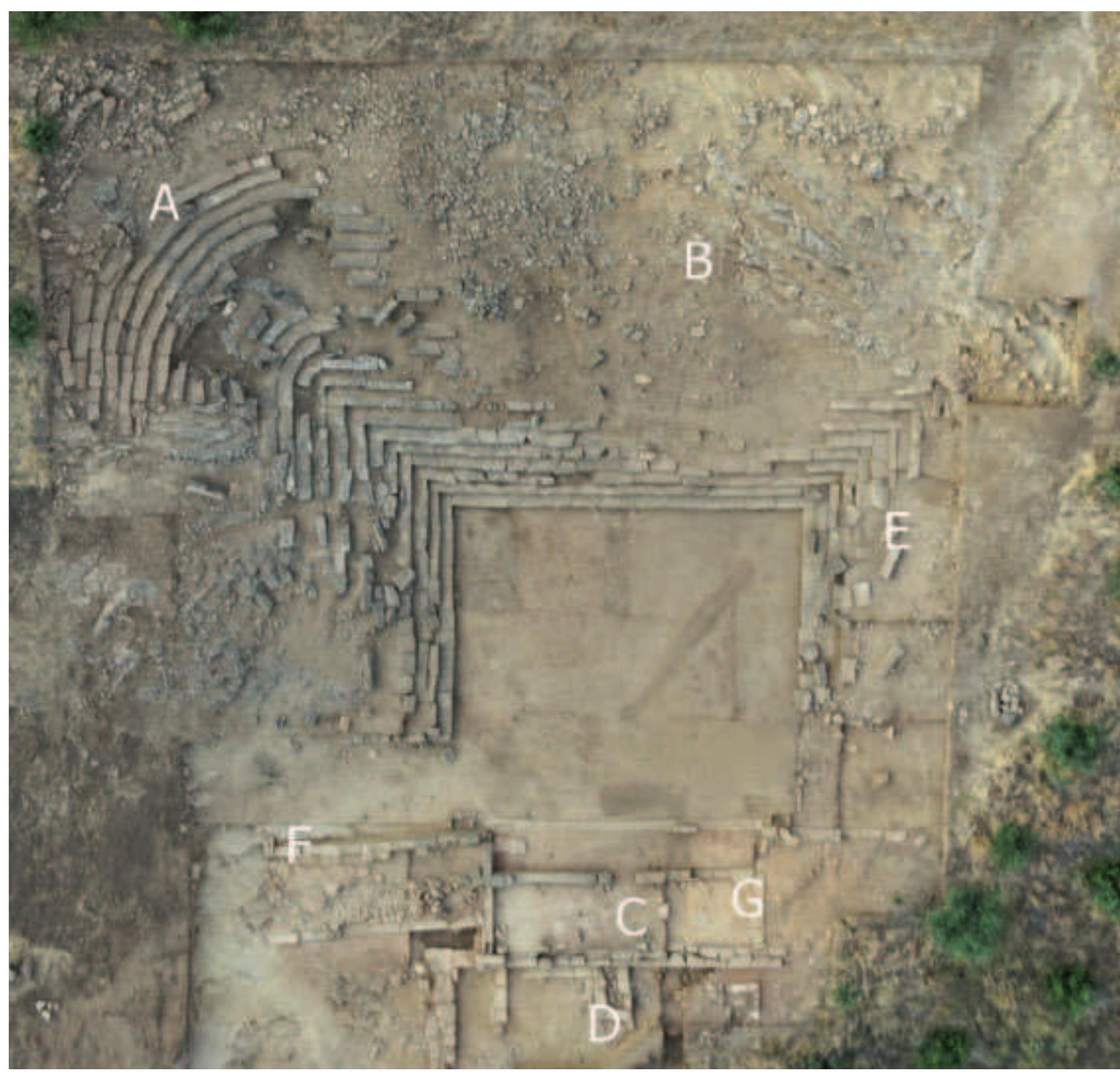 Fig. 2. Theatre of Ancient Kalydon, Aitolia. Areas excavated 2011-12 (A-G). 
