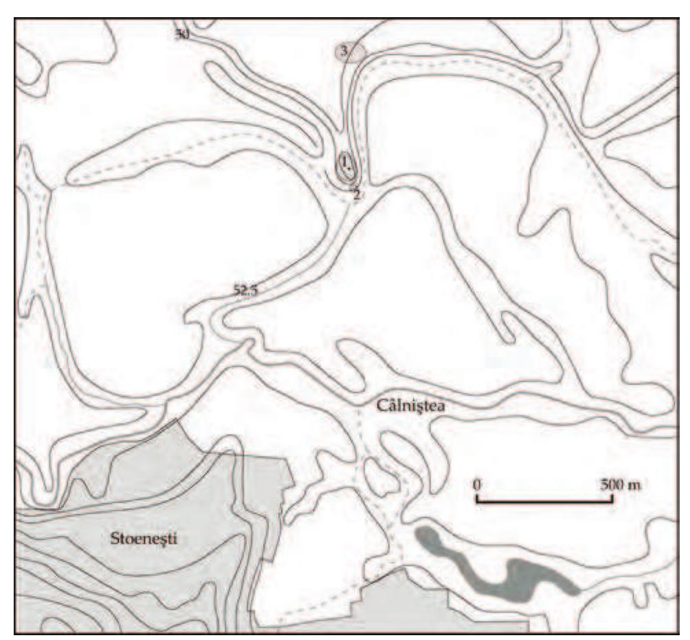 Figure 8. Chalcolithic settlements assembly into Stoenesti plan area - 1. the large tell, 2. the small tell, 3. external habitation.  Figure 7. The location of Stoenesti- Magura Tangaru. 